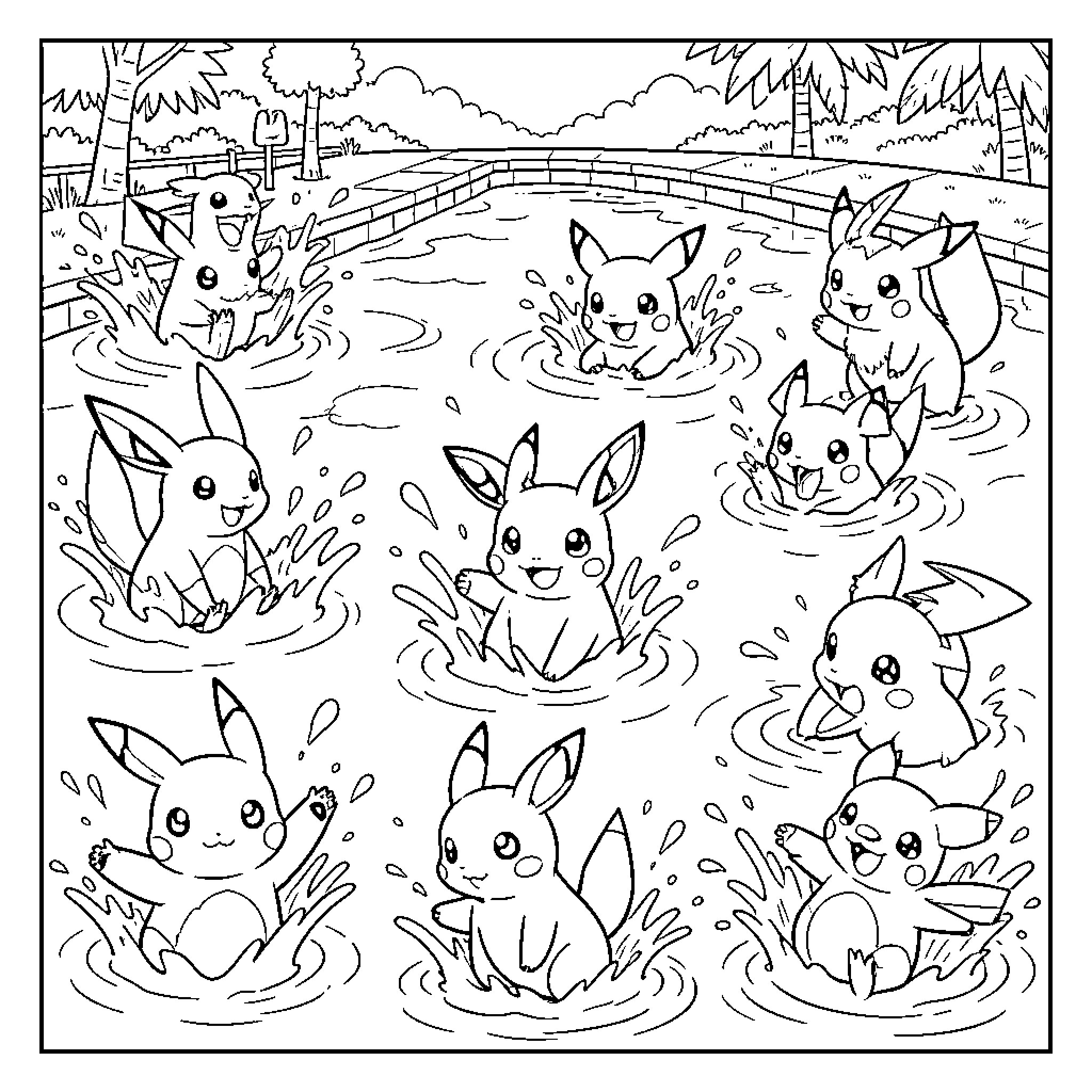 Pokémon playing and splashing happily in a swimming pool Coloring Page (free black-and-white line drawing printable PDF for all, from beginners to advanced learners, including children, teens, adults, and seniors)