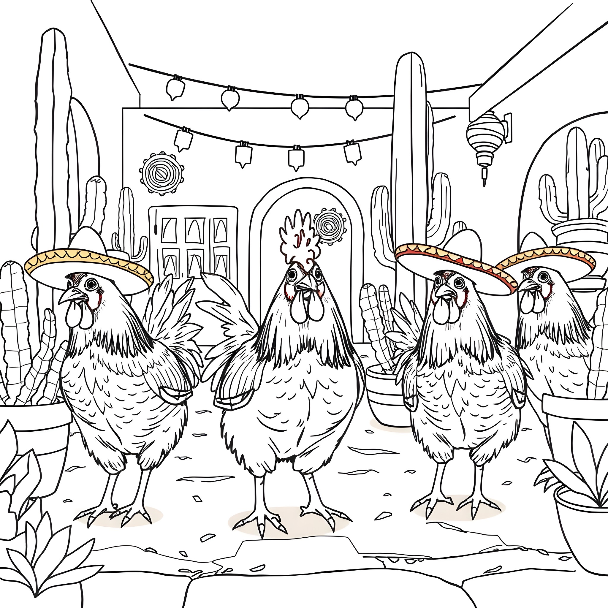 Chickens celebrating in a festive Mexican town Coloring Page (free black-and-white line drawing printable PDF for all, from beginners to advanced learners, including children, teens, adults, and seniors)