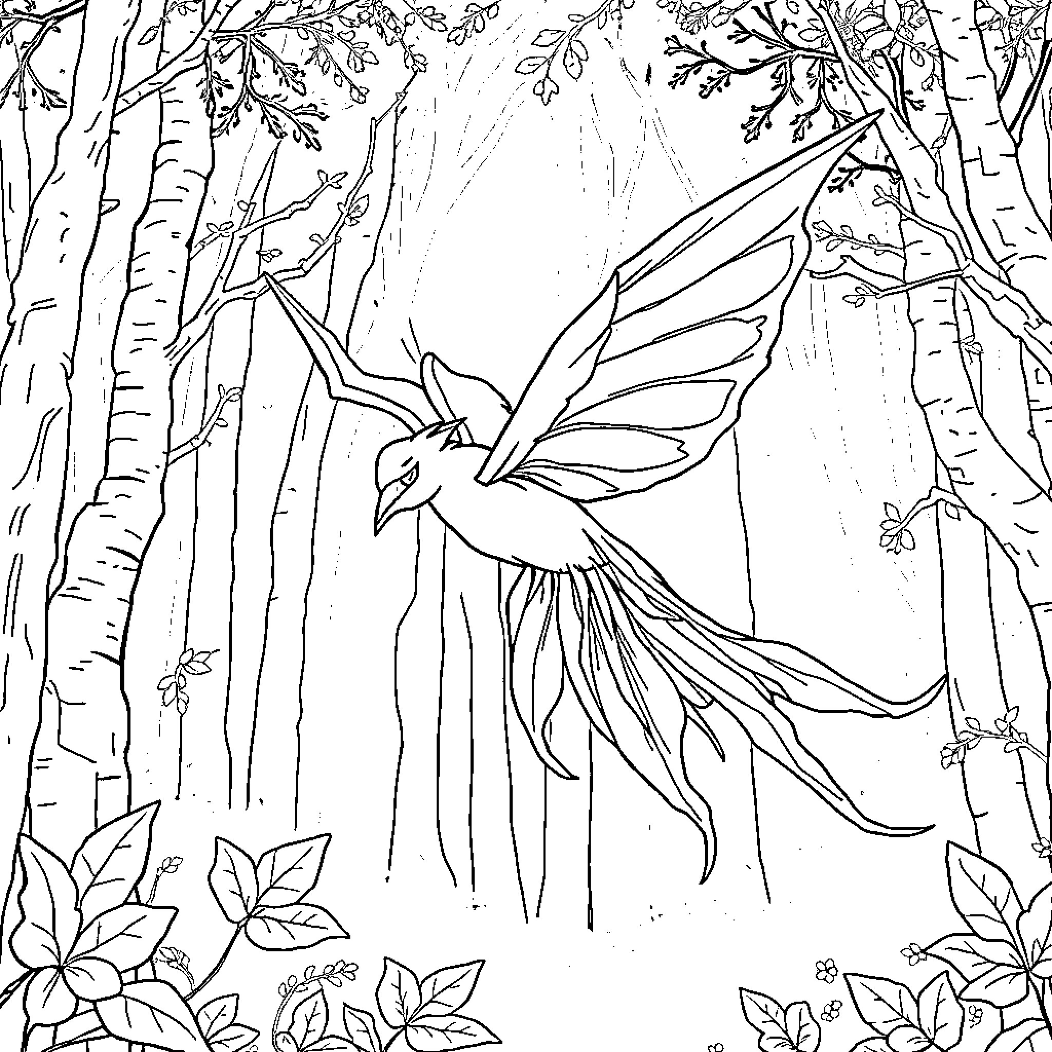 Sapphire Forest Fairy Dancing in the Birch Trees Coloring Page (free black-and-white line drawing printable PDF for all, from beginners to advanced learners, including children, teens, adults, and seniors)