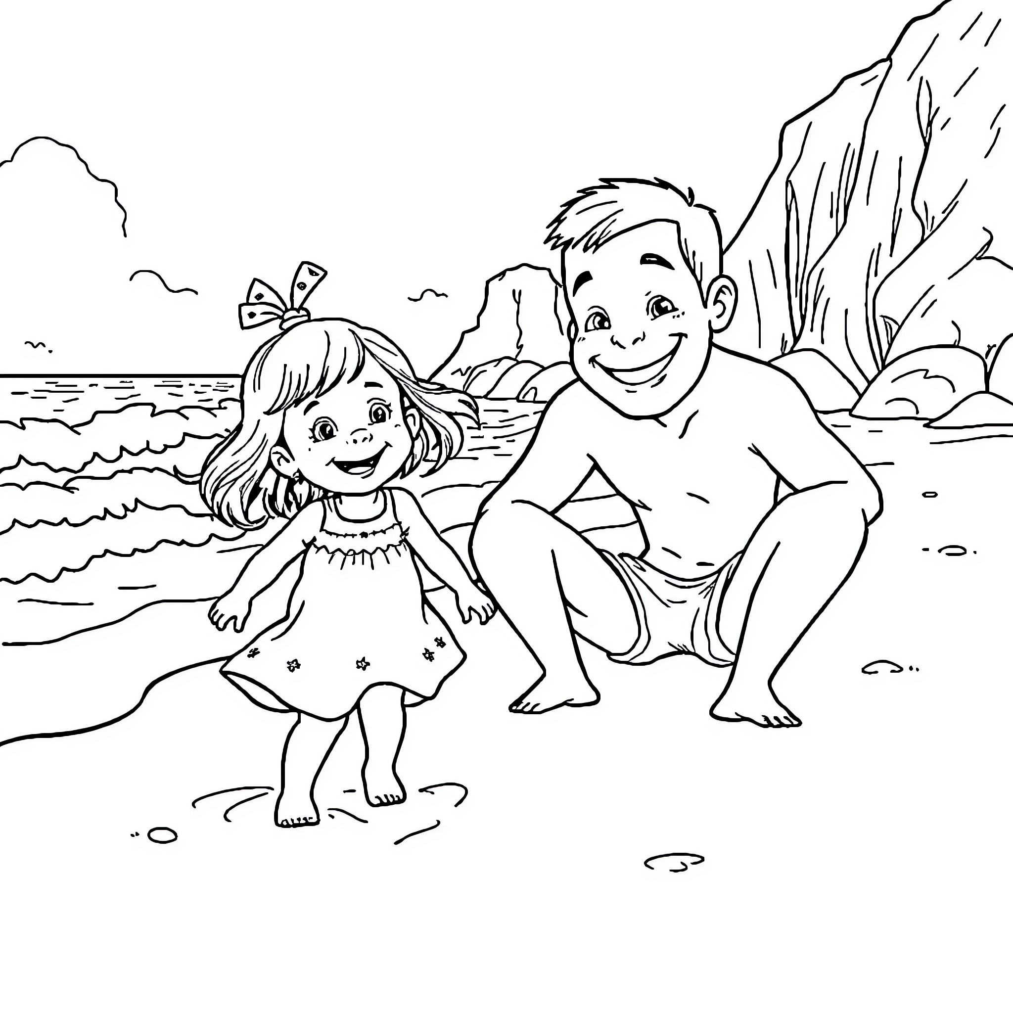 Girl and boy playing happily on the beach Coloring Page (free black-and-white line drawing printable PDF for all, from beginners to advanced learners, including children, teens, adults, and seniors)