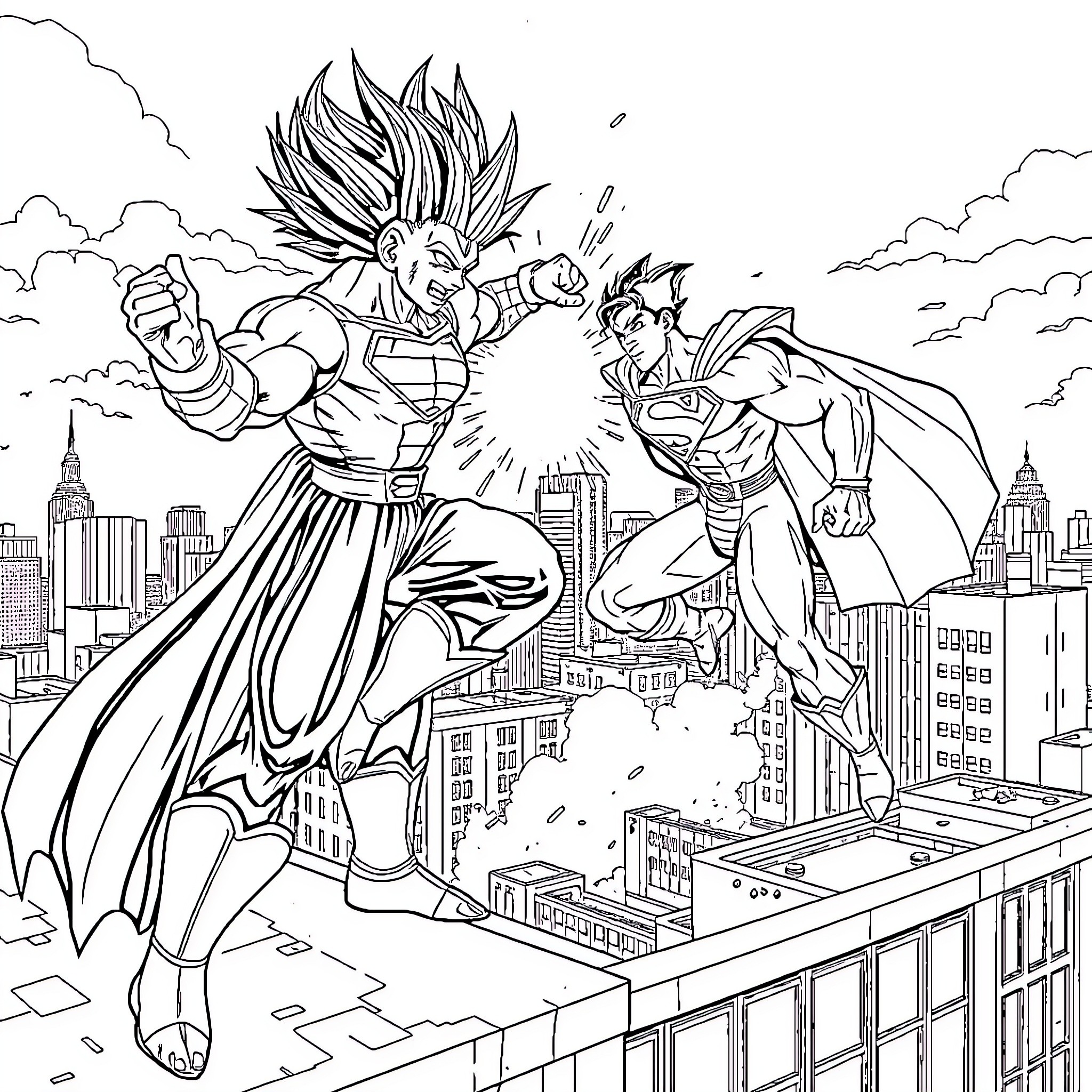 Vegeta's Fierce Battle against the City Skyline Coloring Page (free black-and-white line drawing printable PDF for all, from beginners to advanced learners, including children, teens, adults, and seniors)