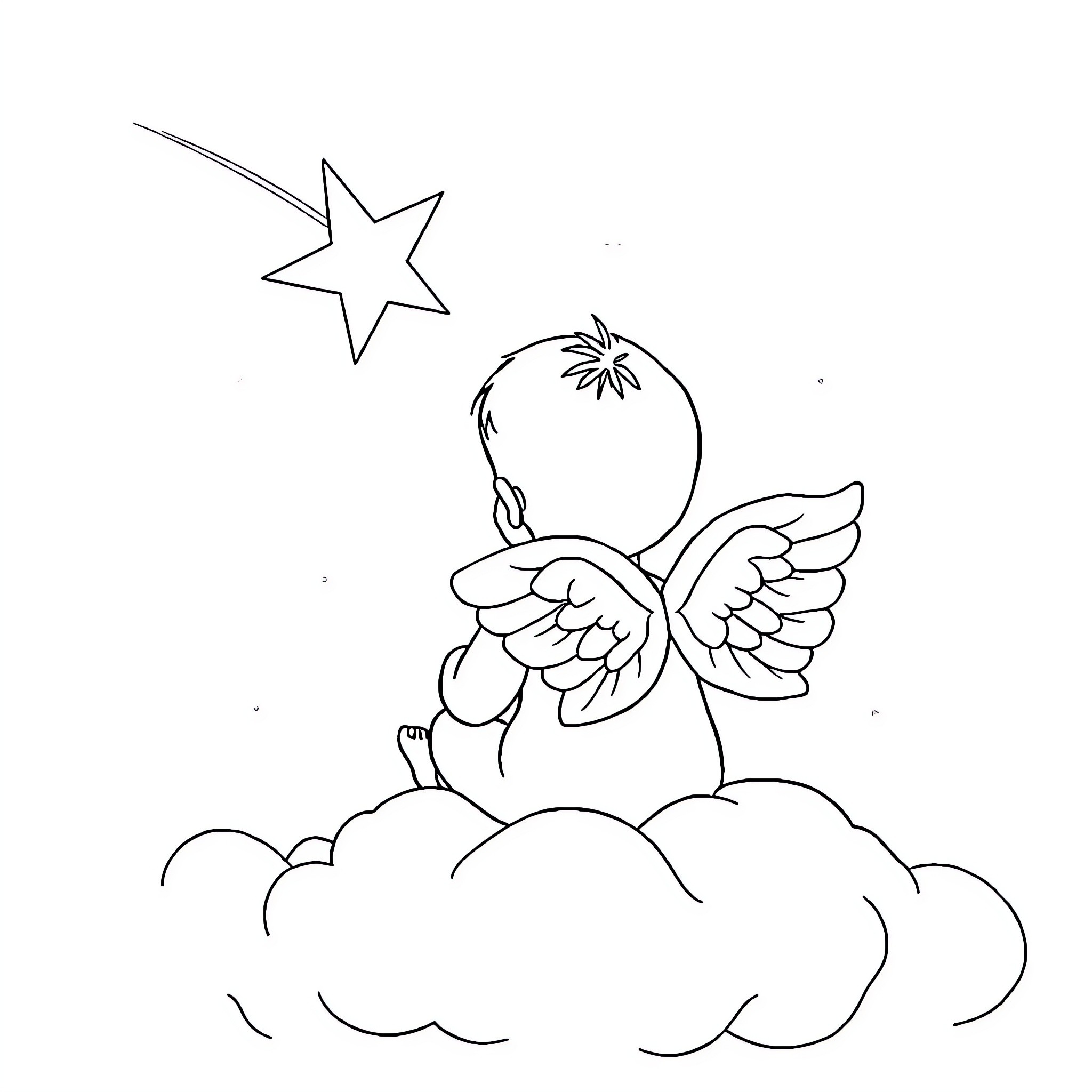 Baby angel with wings soaring towards a star Coloring Page (free black-and-white line drawing printable PDF for all, from beginners to advanced learners, including children, teens, adults, and seniors)