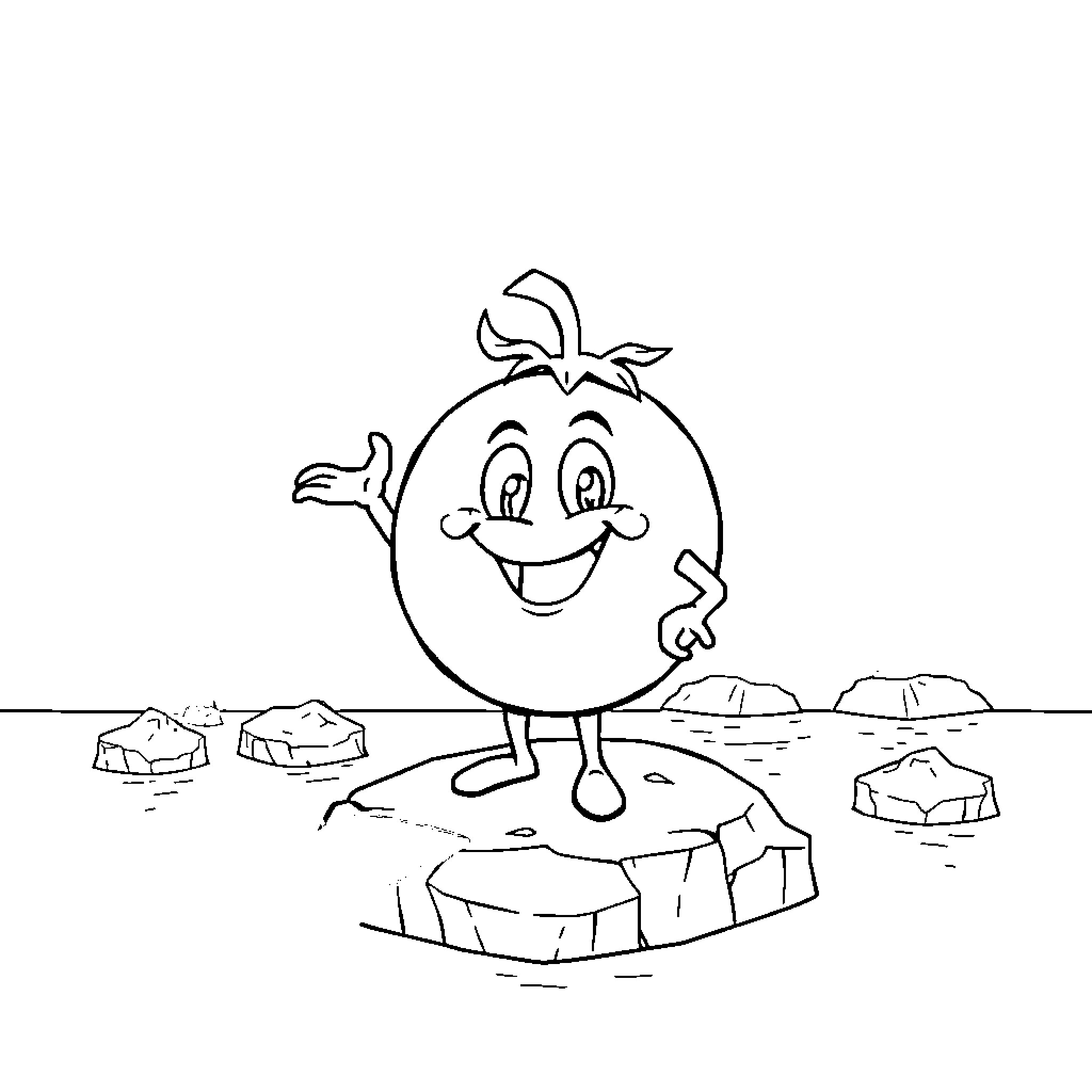 Tomato character on rocky terrain Coloring Page (free black-and-white line drawing printable PDF for all, from beginners to advanced learners, including children, teens, adults, and seniors)