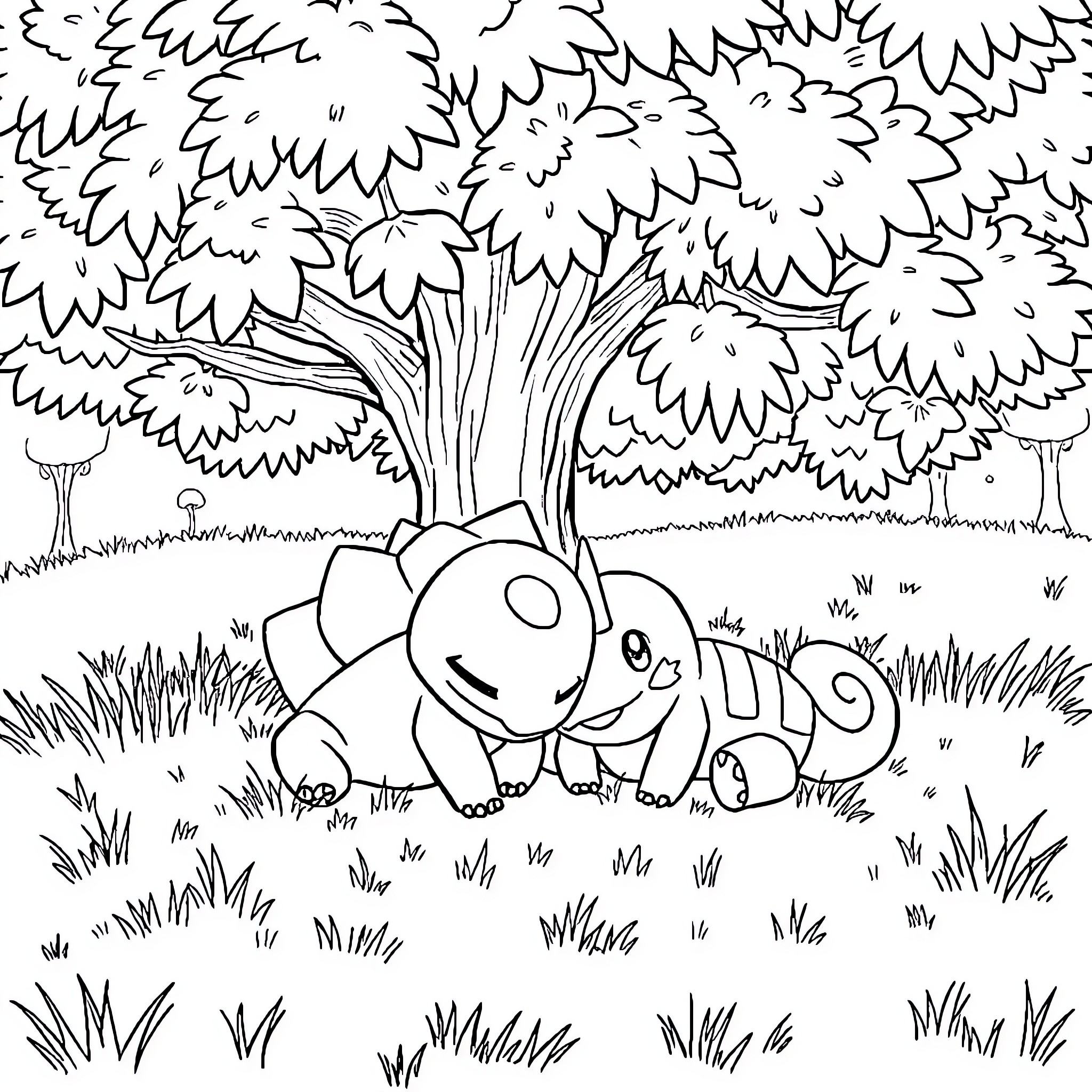 Bulbasaur napping peacefully in the forest Coloring Page (free black-and-white line drawing printable PDF for all, from beginners to advanced learners, including children, teens, adults, and seniors)