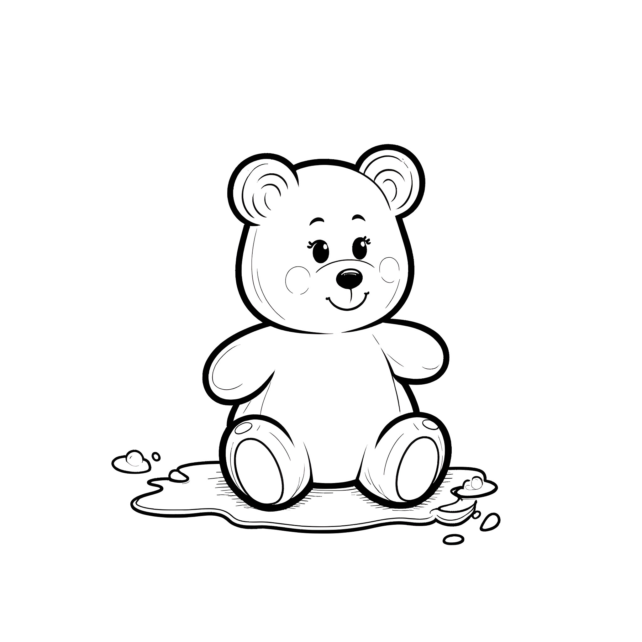 Gummy Bear Sitting Happily in the Mud Coloring Page (free black-and-white line drawing printable PDF for all, from beginners to advanced learners, including children, teens, adults, and seniors)