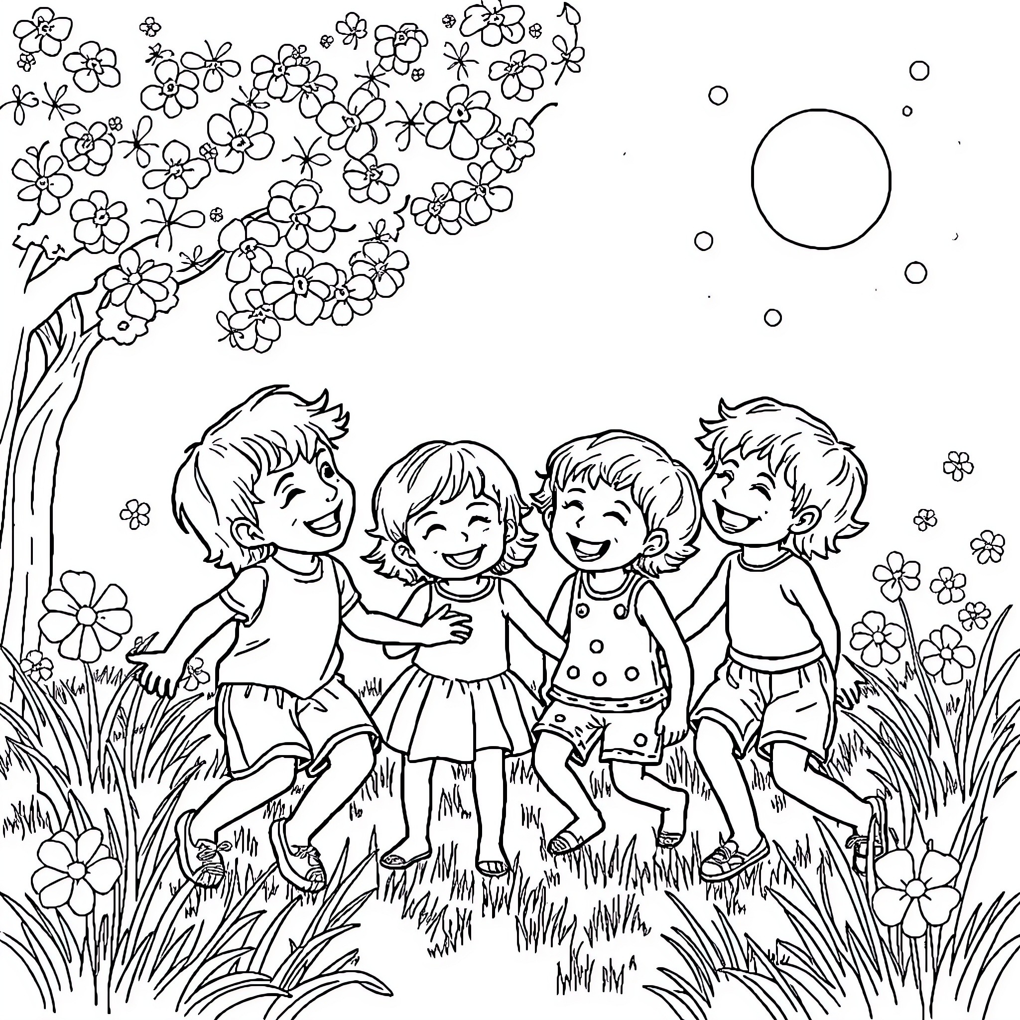 Echo of Youthful Joyful Moments Coloring Page (free black-and-white line drawing printable PDF for all, from beginners to advanced learners, including children, teens, adults, and seniors)