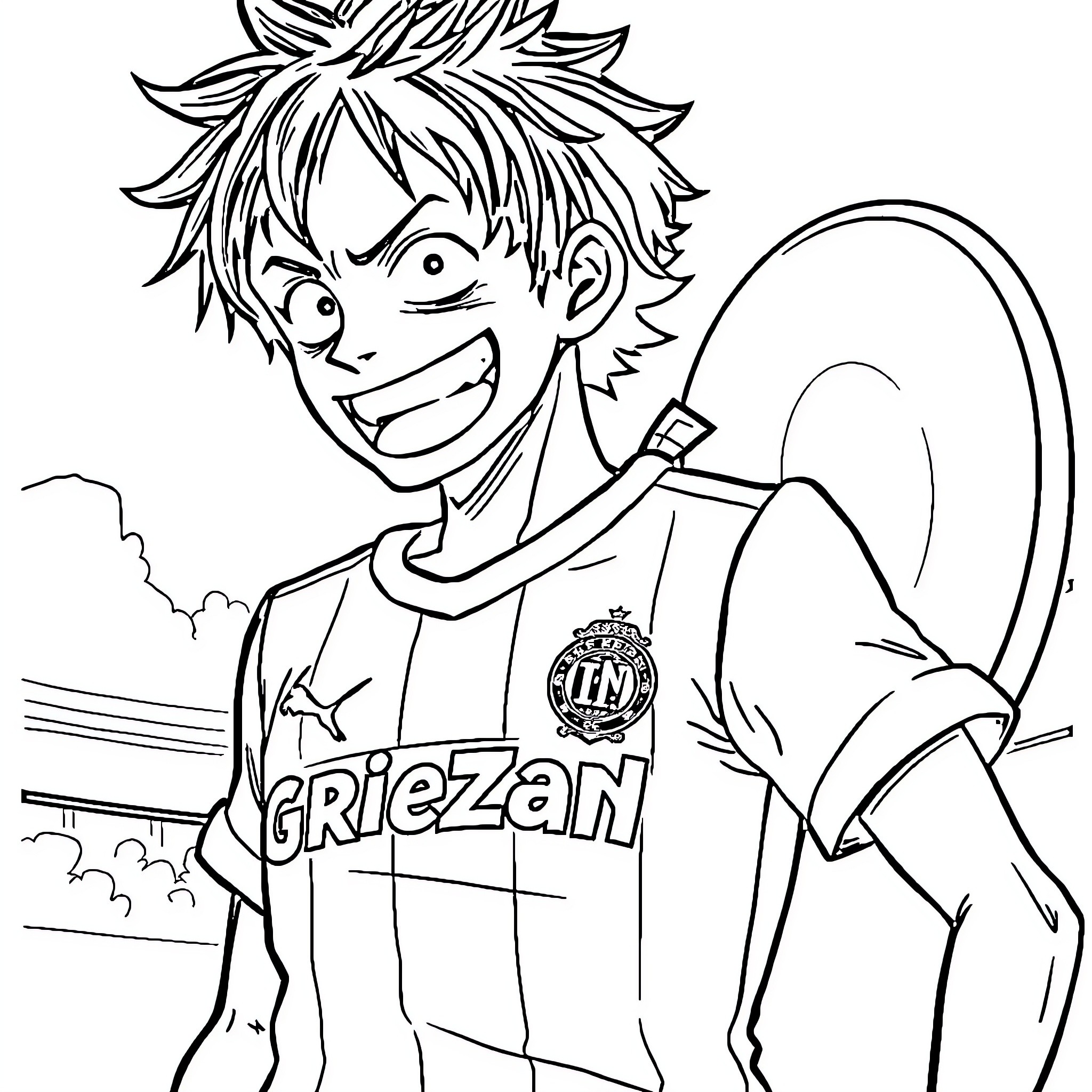 Luffy's Playful Sports Moment on the Field Coloring Page (free black-and-white line drawing printable PDF for all, from beginners to advanced learners, including children, teens, adults, and seniors)