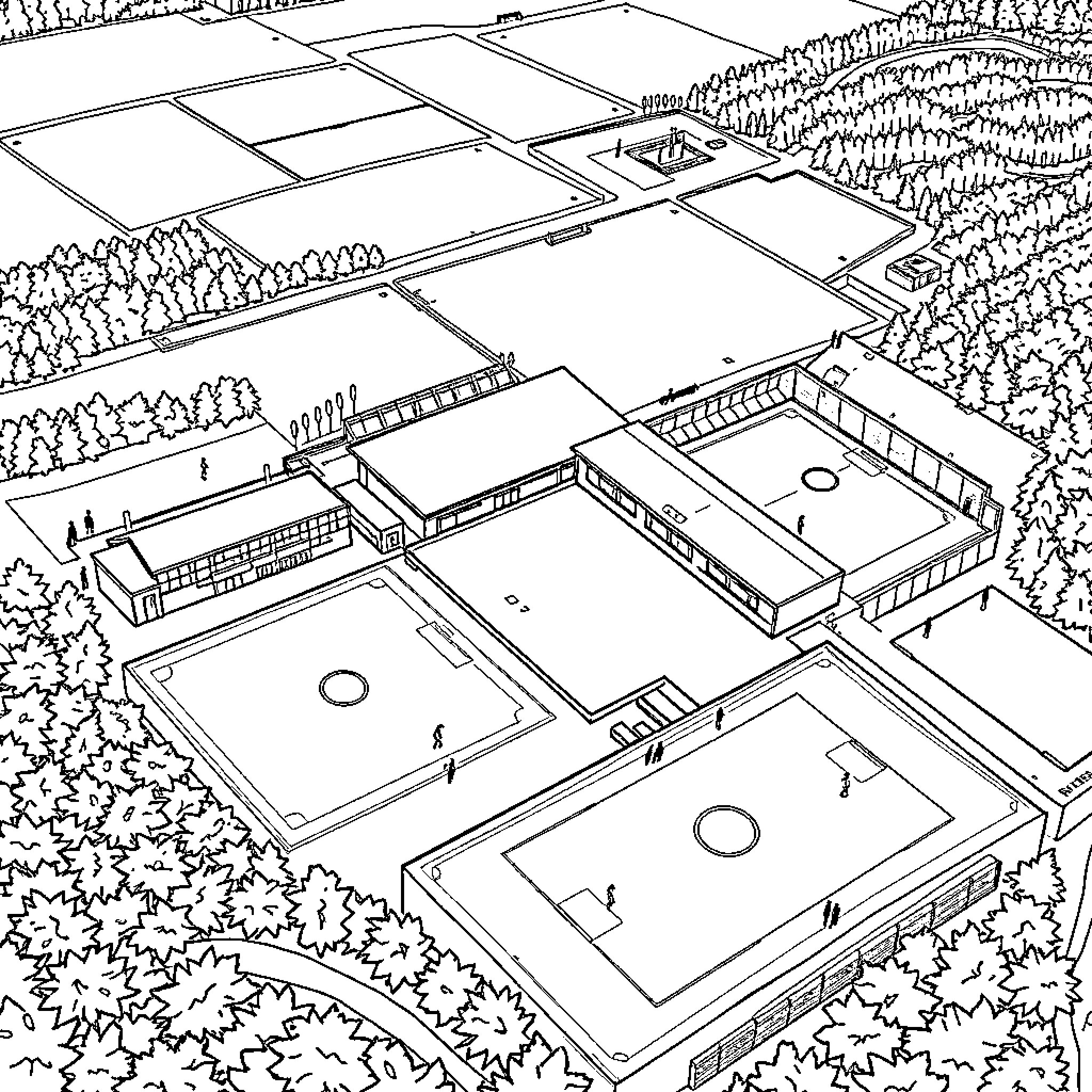 Sports Facility with Various Playing Fields Coloring Page (free black-and-white line drawing printable PDF for all, from beginners to advanced learners, including children, teens, adults, and seniors)