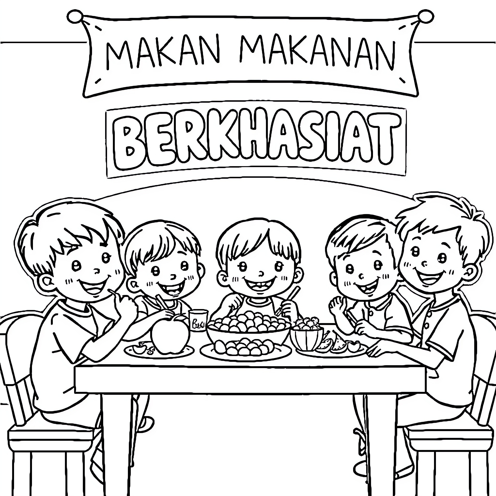 Kids Enjoying a Delightful Meal Together Coloring Page (free black-and-white line drawing printable PDF for all, from beginners to advanced learners, including children, teens, adults, and seniors)