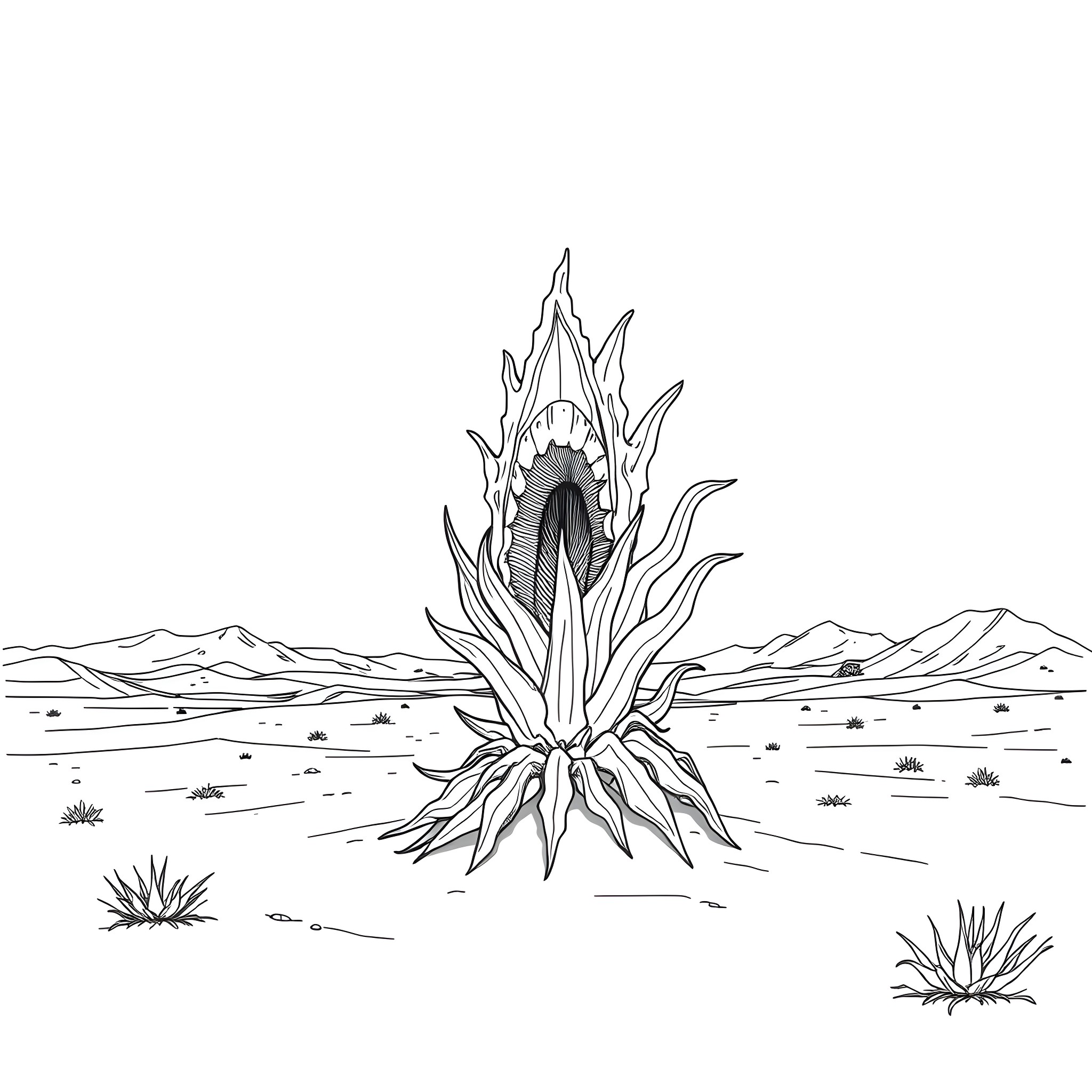 Man in desert with unusual plant Coloring Page (free black-and-white line drawing printable PDF for all, from beginners to advanced learners, including children, teens, adults, and seniors)