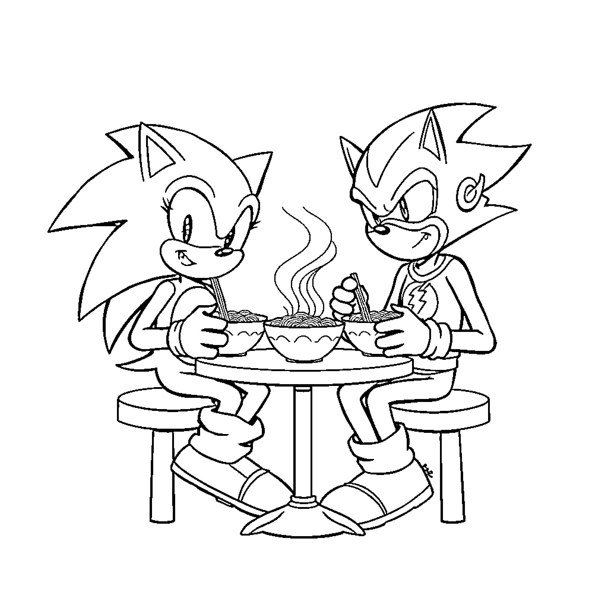 Sonic Characters Enjoying Meal Together Coloring Page (free black-and-white line drawing printable PDF for all, from beginners to advanced learners, including children, teens, adults, and seniors)