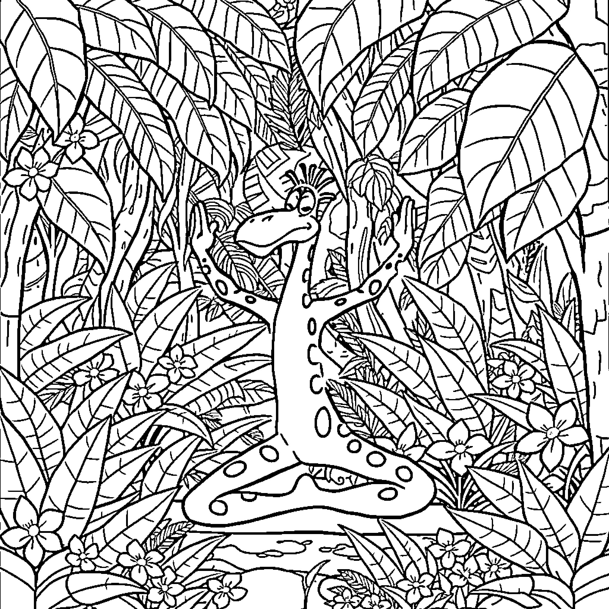 Gaston Lagaffe explores the intricate jungle landscape Coloring Page (free black-and-white line drawing printable PDF for all, from beginners to advanced learners, including children, teens, adults, and seniors)