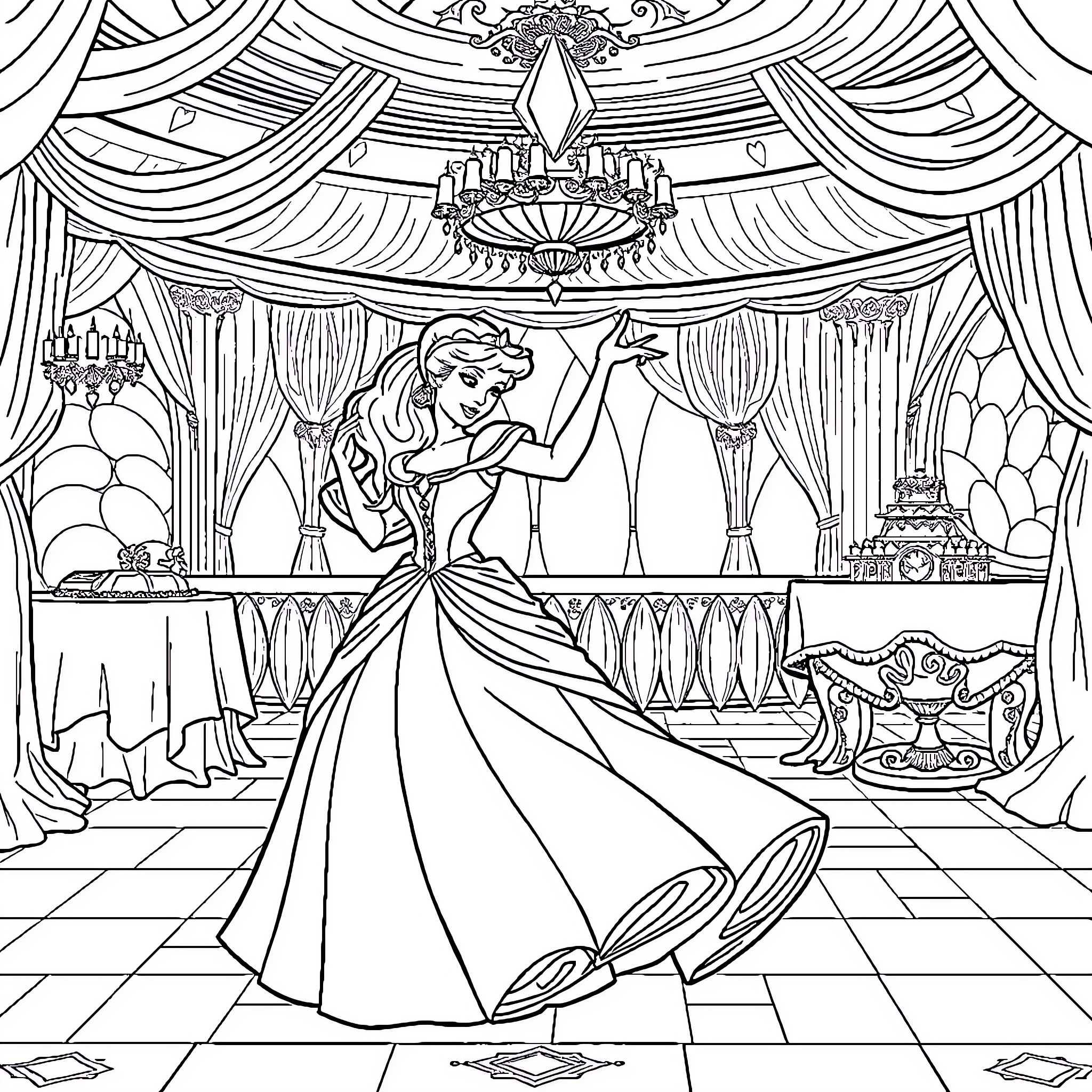 Sleeping Beauty dancing gracefully in a grand ballroom Coloring Page (free black-and-white line drawing printable PDF for all, from beginners to advanced learners, including children, teens, adults, and seniors)