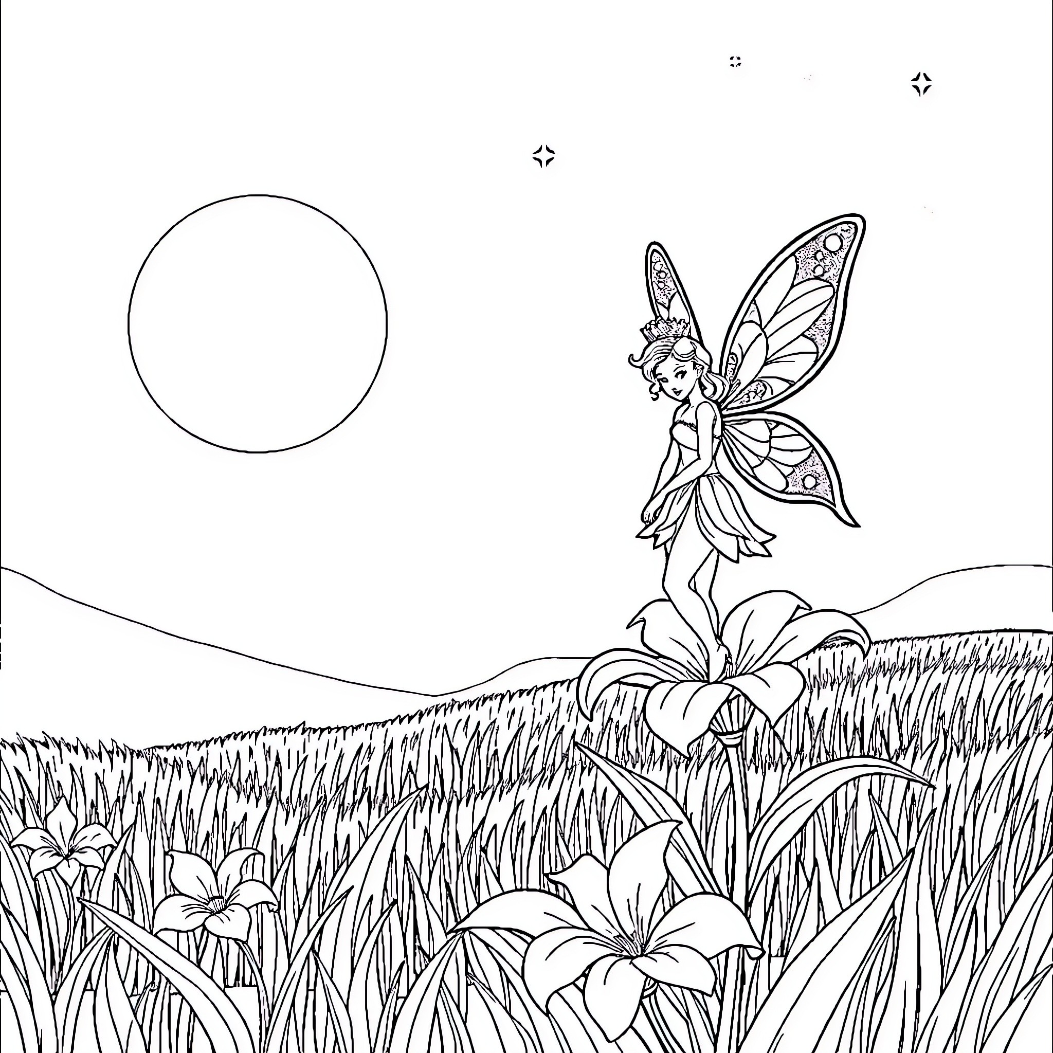 Princess Fairy Flying Among Flowers Coloring Page (free black-and-white line drawing printable PDF for all, from beginners to advanced learners, including children, teens, adults, and seniors)