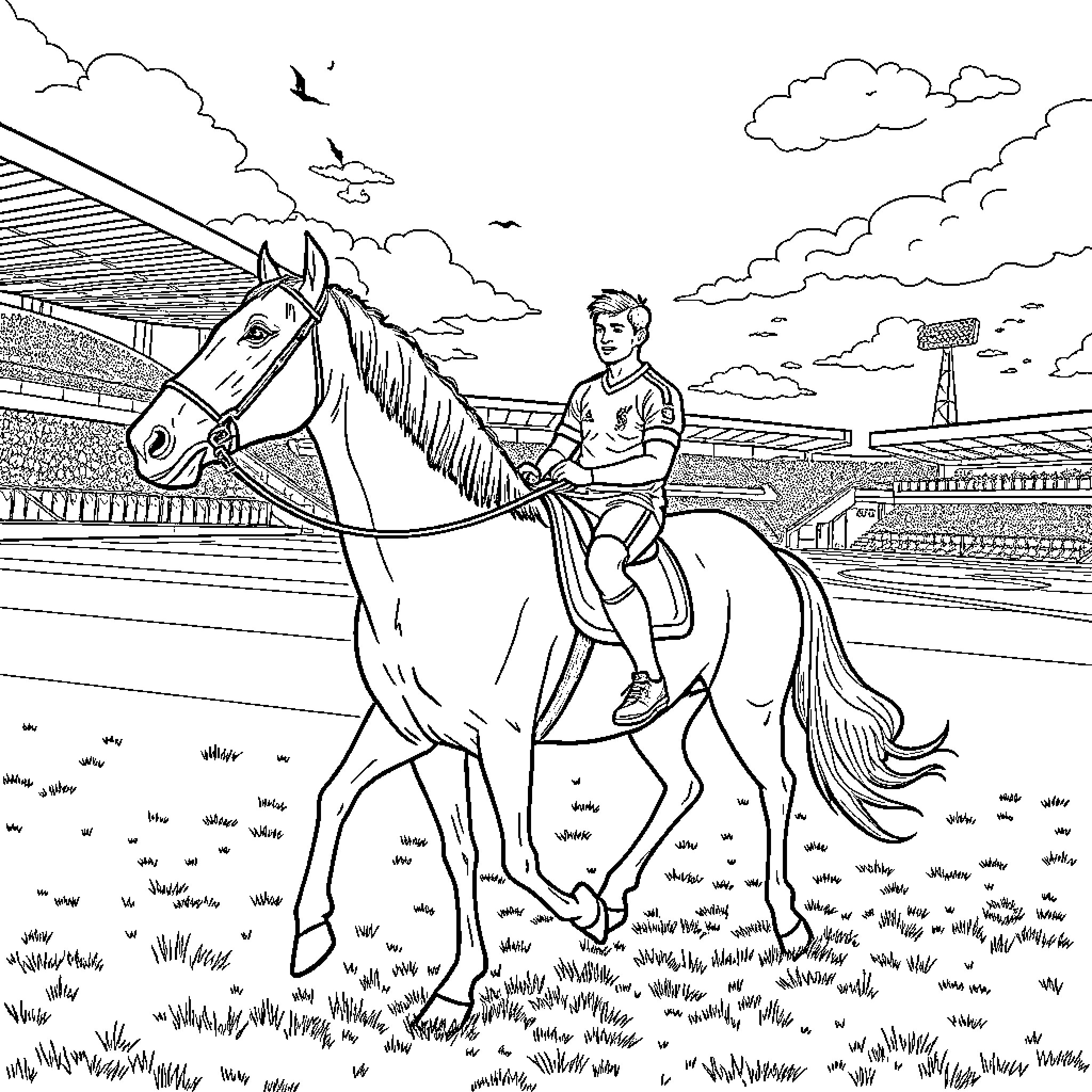 Harry Maguire riding a horse in a stadium Coloring Page (free black-and-white line drawing printable PDF for all, from beginners to advanced learners, including children, teens, adults, and seniors)