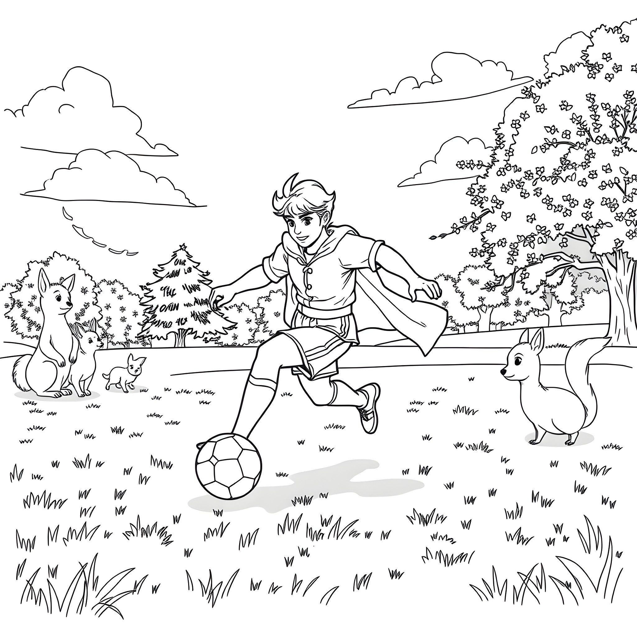 Prince Charming playing soccer with forest animals Coloring Page (free black-and-white line drawing printable PDF for all, from beginners to advanced learners, including children, teens, adults, and seniors)