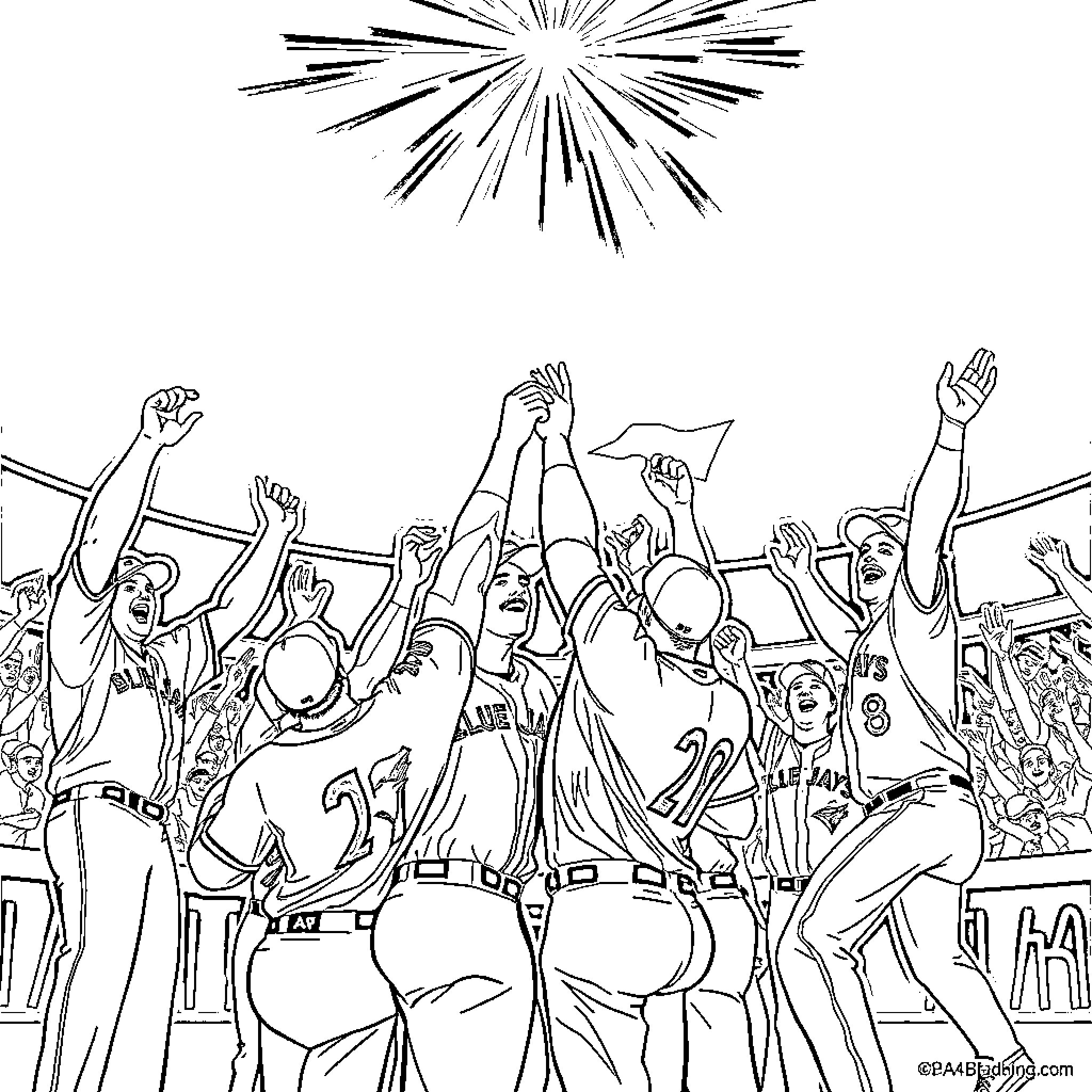 Blue Jay Crowd Cheers Excitedly Coloring Page (free black-and-white line drawing printable PDF for all, from beginners to advanced learners, including children, teens, adults, and seniors)