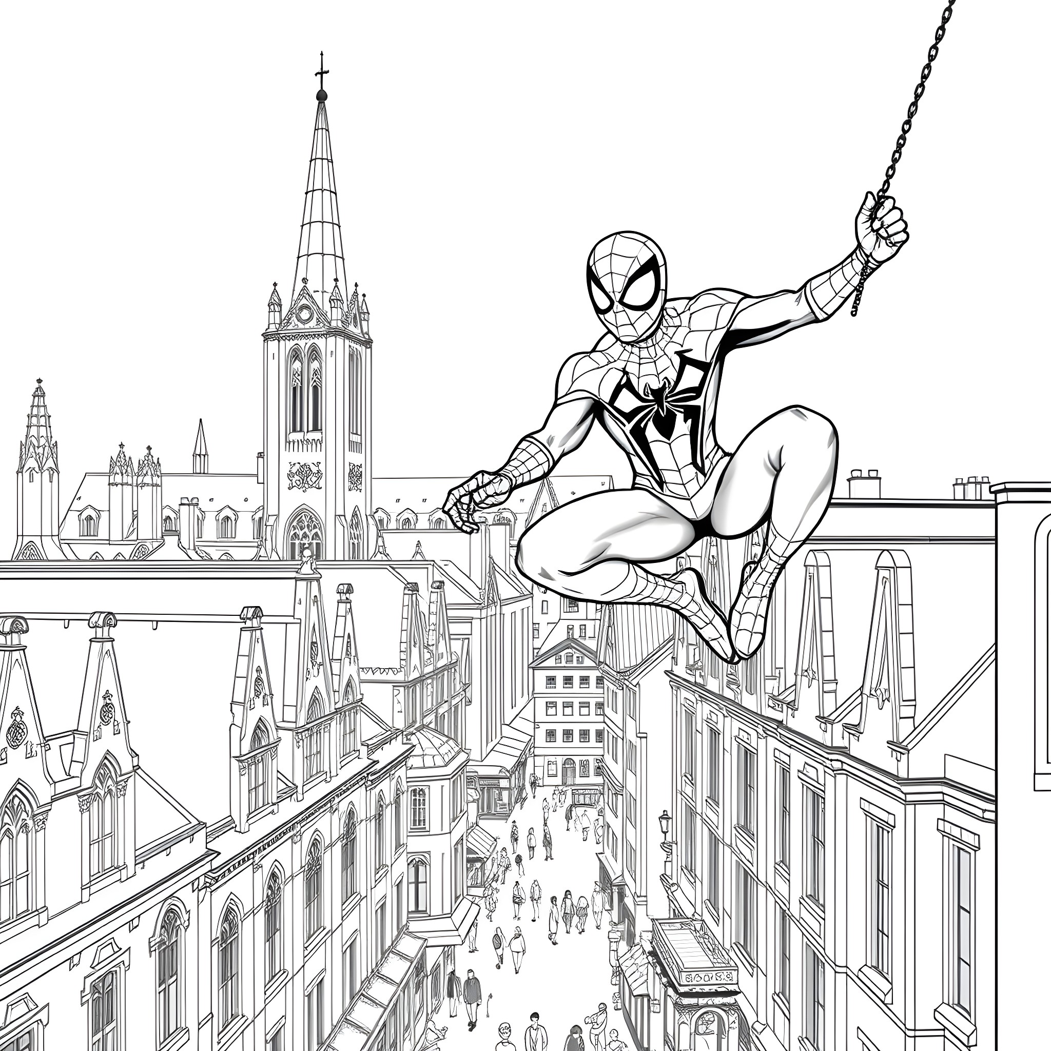 Spiderman swinging through the city skyline Coloring Page (free black-and-white line drawing printable PDF for all, from beginners to advanced learners, including children, teens, adults, and seniors)