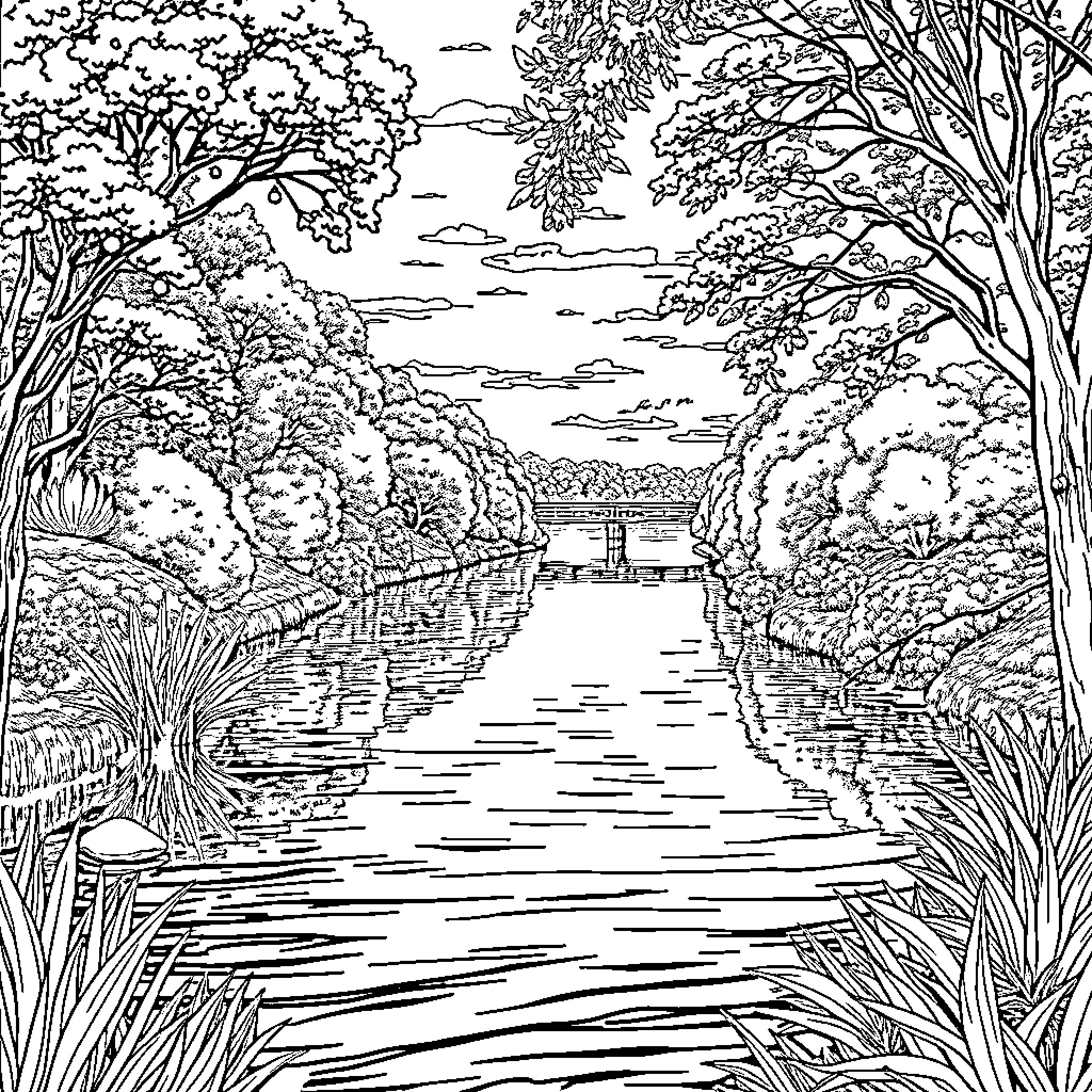 River Flowing Through Lush Forest Landscape Coloring Page (free black-and-white line drawing printable PDF for all, from beginners to advanced learners, including children, teens, adults, and seniors)