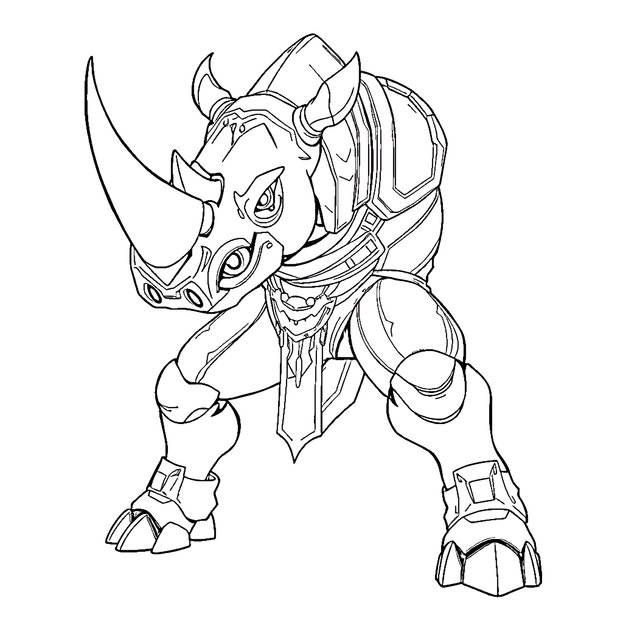 Rhino Warrior in Fierce Battle Stance Coloring Page (free black-and-white line drawing printable PDF for all, from beginners to advanced learners, including children, teens, adults, and seniors)