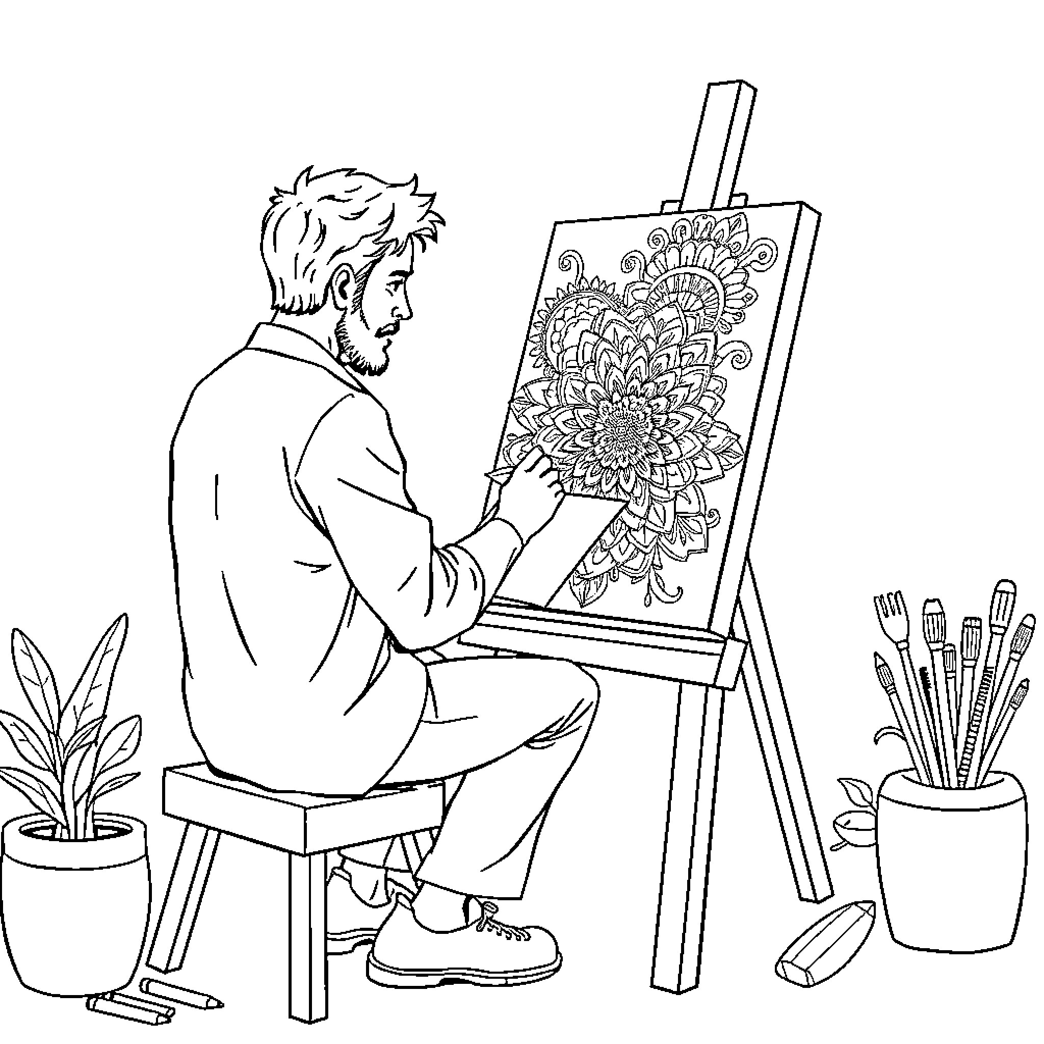 Artist Painting Intricate Floral Design on Easel Coloring Page (free black-and-white line drawing printable PDF for all, from beginners to advanced learners, including children, teens, adults, and seniors)