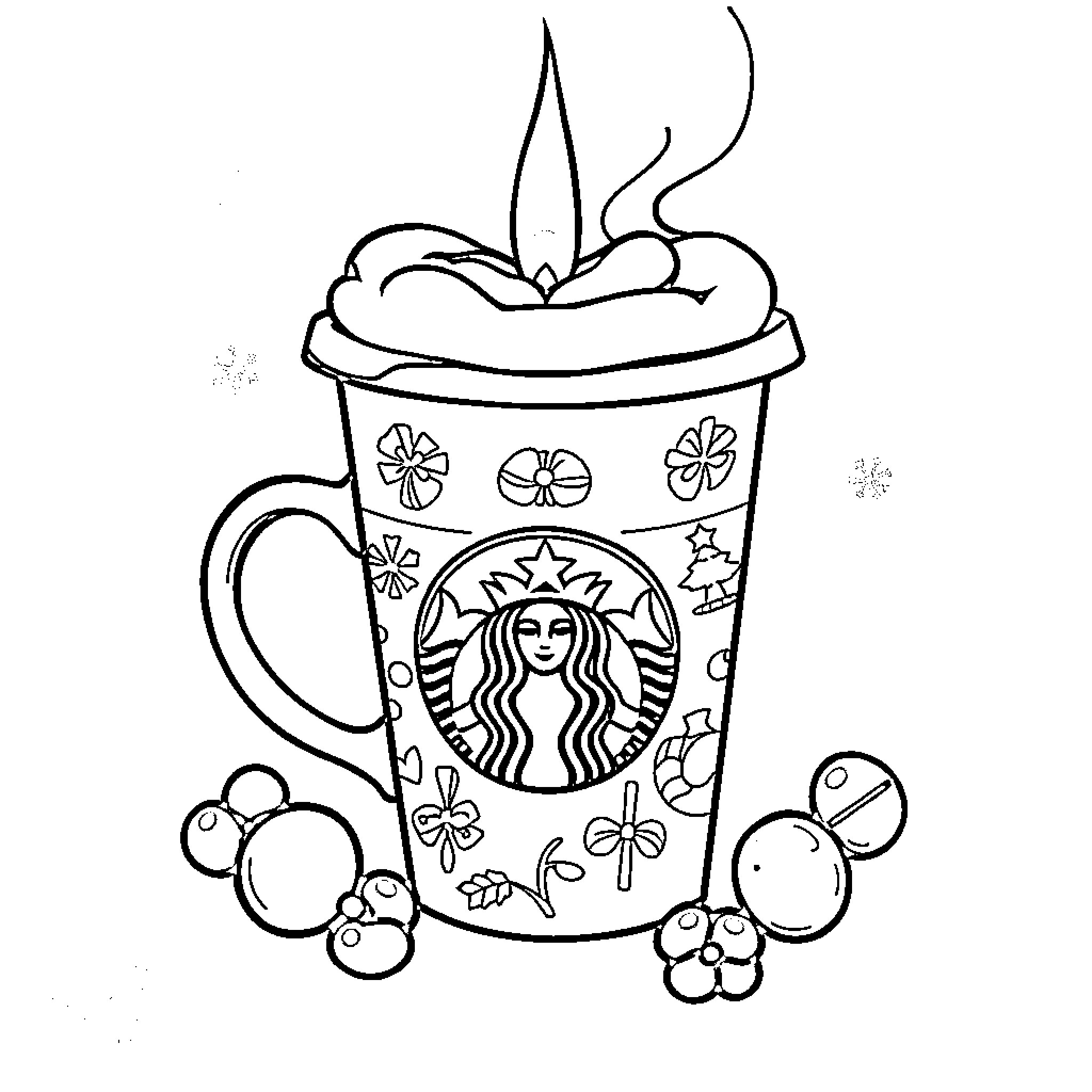 Starbucks cup with festive designs Coloring Page (free black-and-white line drawing printable PDF for all, from beginners to advanced learners, including children, teens, adults, and seniors)
