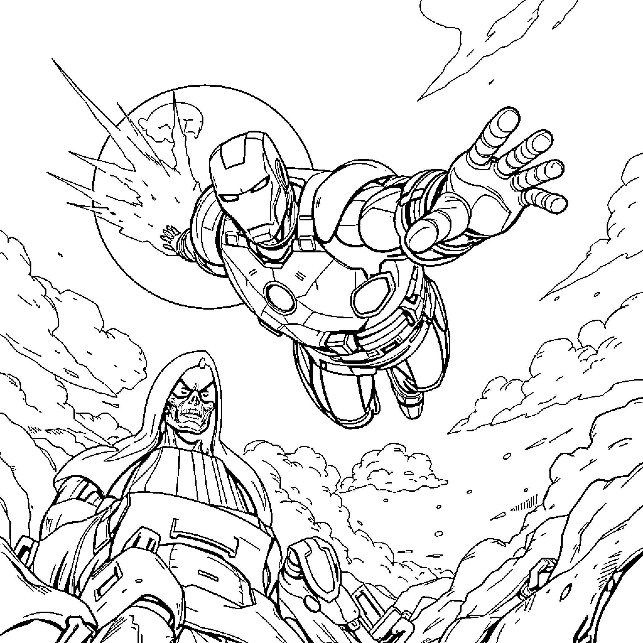 Ironman soaring through the sky in action pose Coloring Page (free black-and-white line drawing printable PDF for all, from beginners to advanced learners, including children, teens, adults, and seniors)