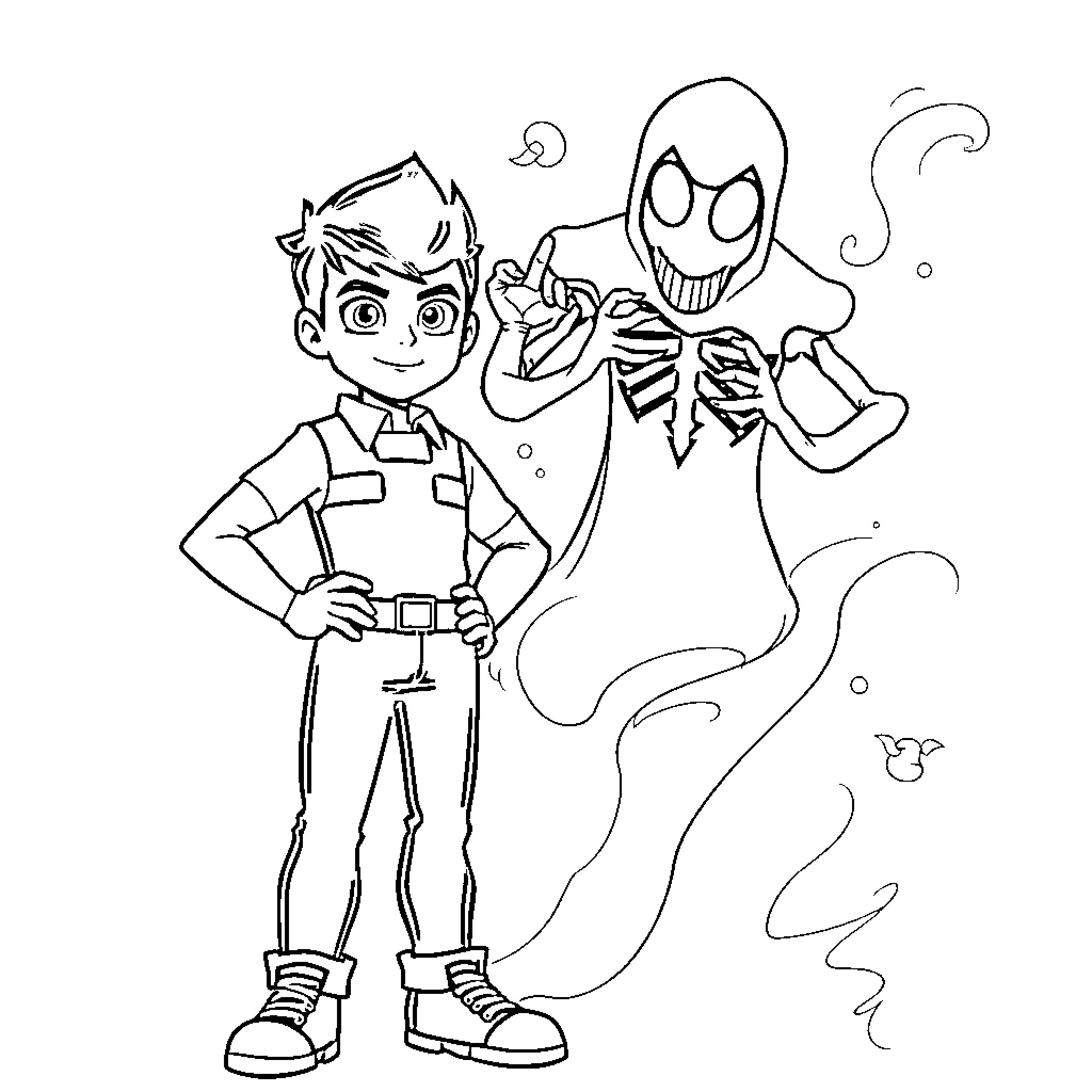 Ben 10 adventures with ghostly companion Coloring Page (free black-and-white line drawing printable PDF for all, from beginners to advanced learners, including children, teens, adults, and seniors)