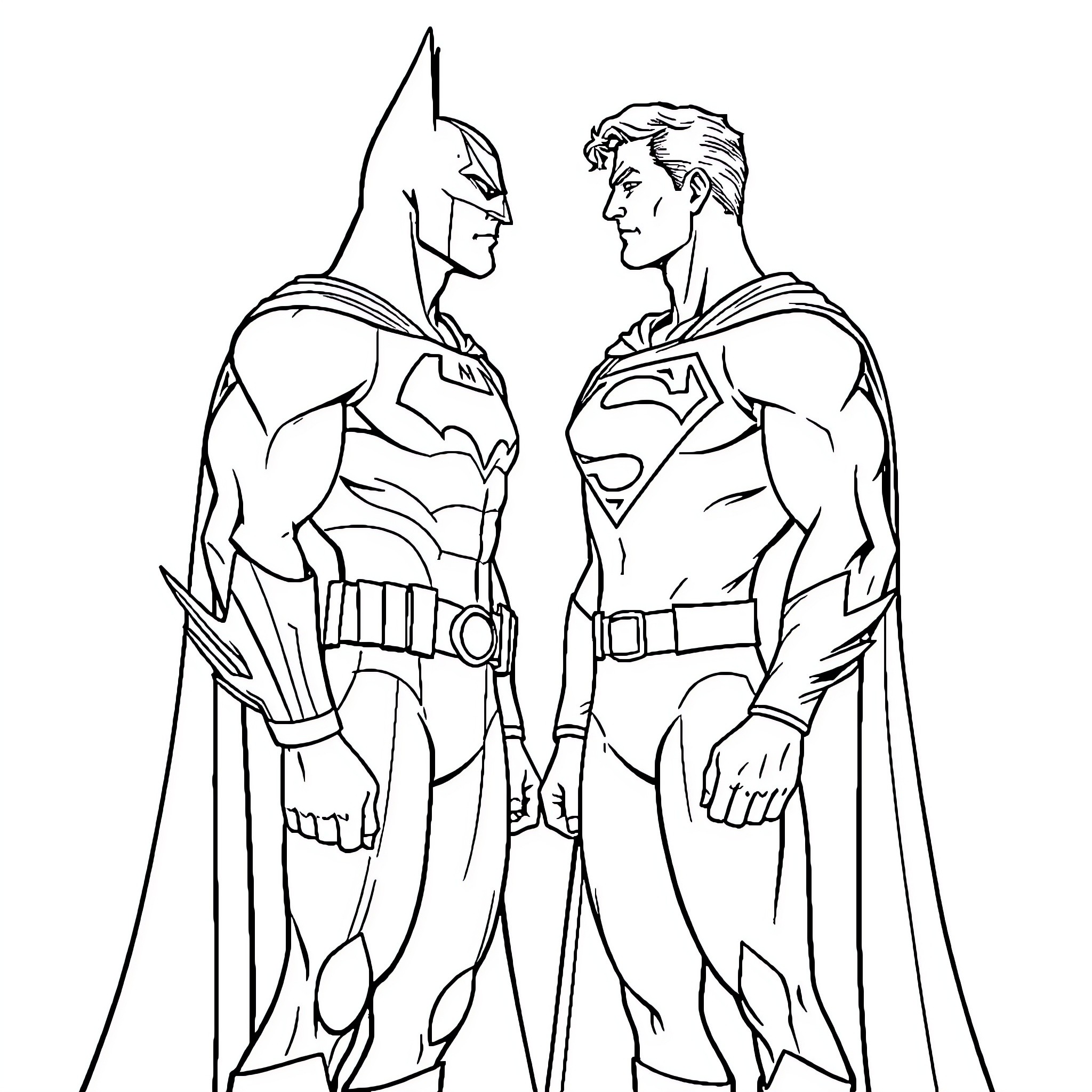 Batman and Superman standing face to face Coloring Page (free black-and-white line drawing printable PDF for all, from beginners to advanced learners, including children, teens, adults, and seniors)