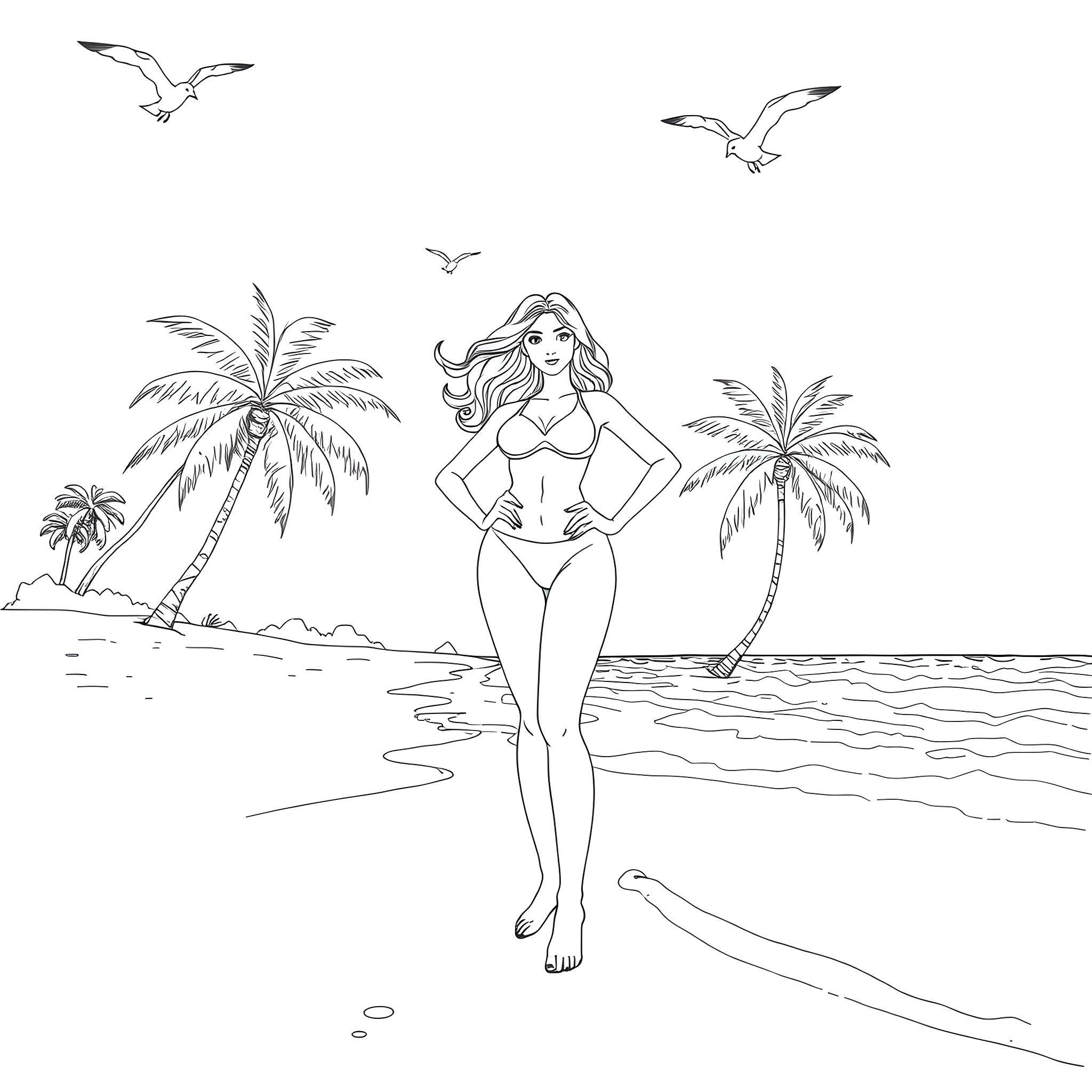 Raya enjoying a sunny beach day Coloring Page (free black-and-white line drawing printable PDF for all, from beginners to advanced learners, including children, teens, adults, and seniors)