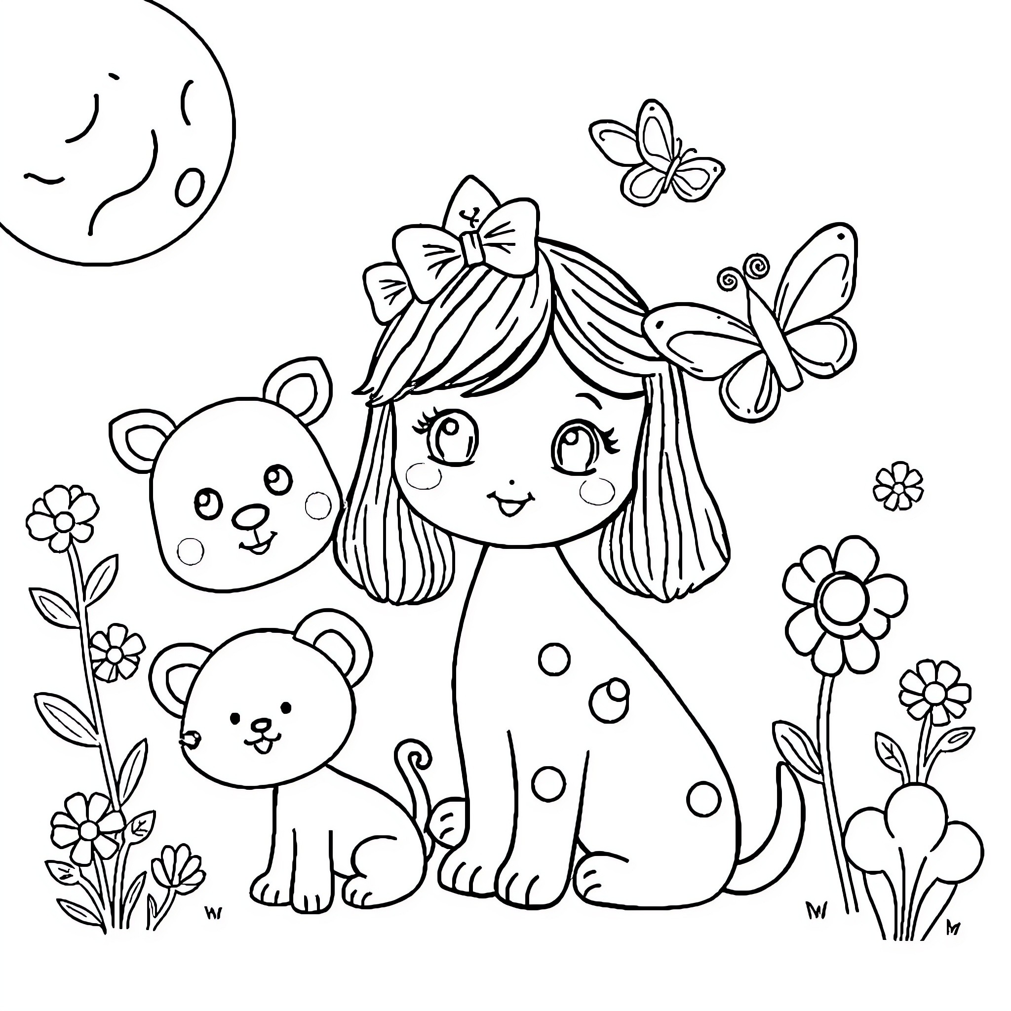 Girl plays with cute animals and butterflies Coloring Page (free black-and-white line drawing printable PDF for all, from beginners to advanced learners, including children, teens, adults, and seniors)