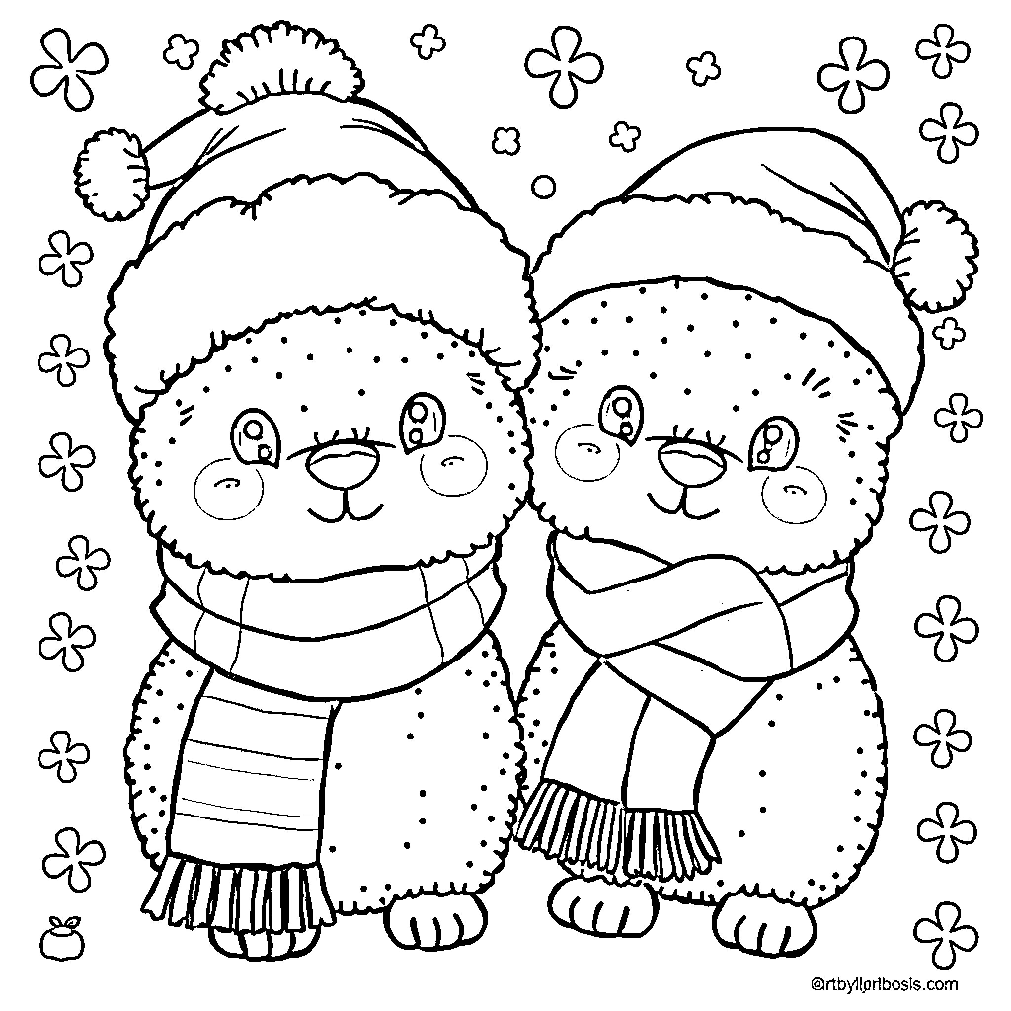 Labubu's Snowy Delight: Playful Pals in Winter Wear Coloring Page (free black-and-white line drawing printable PDF for all, from beginners to advanced learners, including children, teens, adults, and seniors)