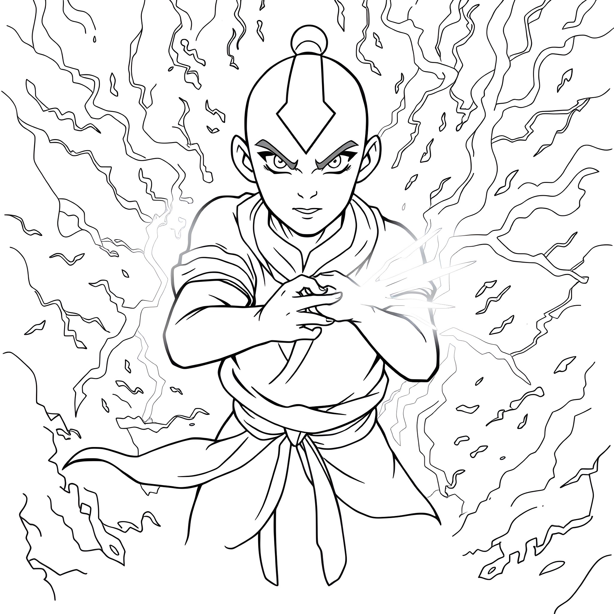 Aang the Avatar wielding powerful elemental forces Coloring Page (free black-and-white line drawing printable PDF for all, from beginners to advanced learners, including children, teens, adults, and seniors)