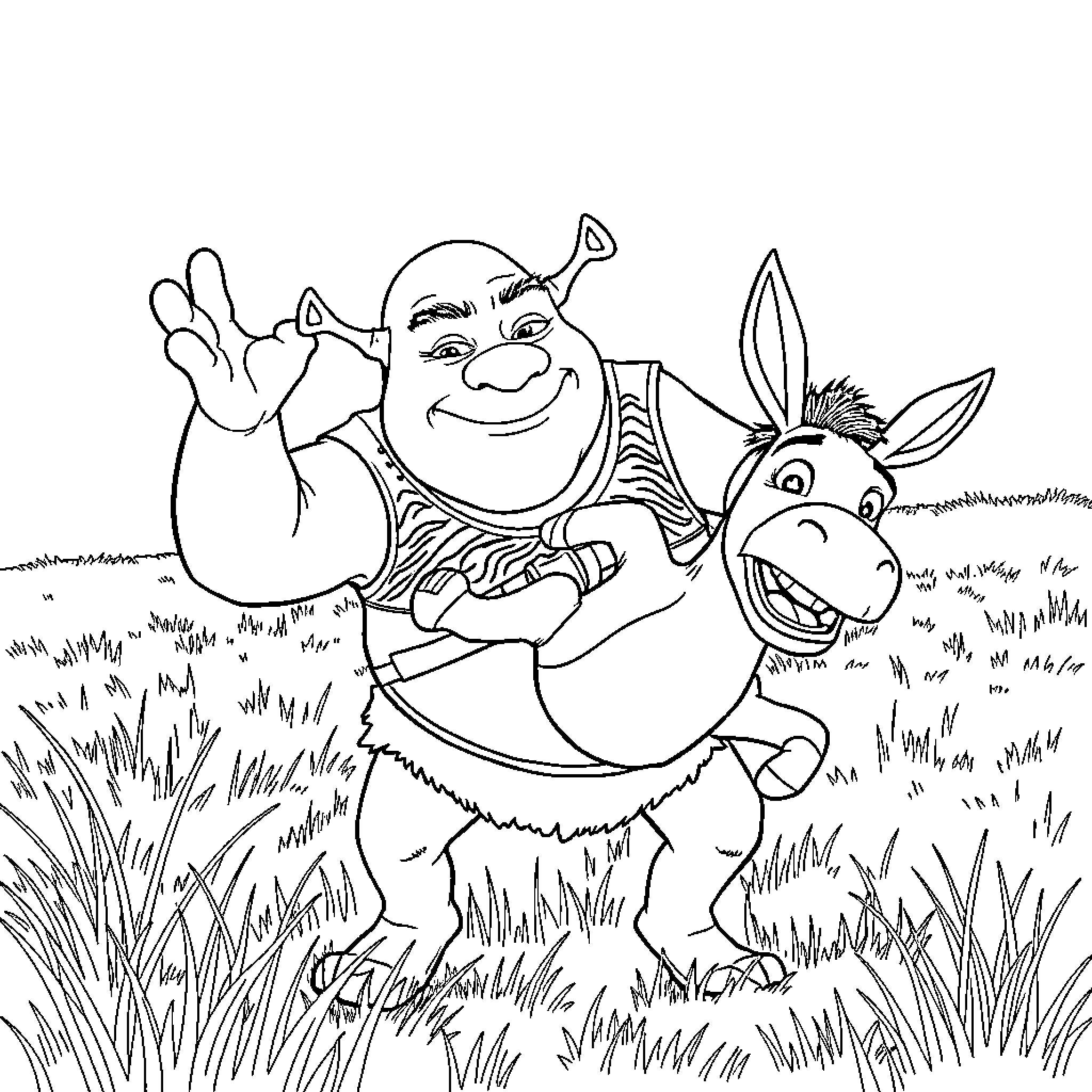 Shrek and Donkey embracing in a grassy field Coloring Page (free black-and-white line drawing printable PDF for all, from beginners to advanced learners, including children, teens, adults, and seniors)