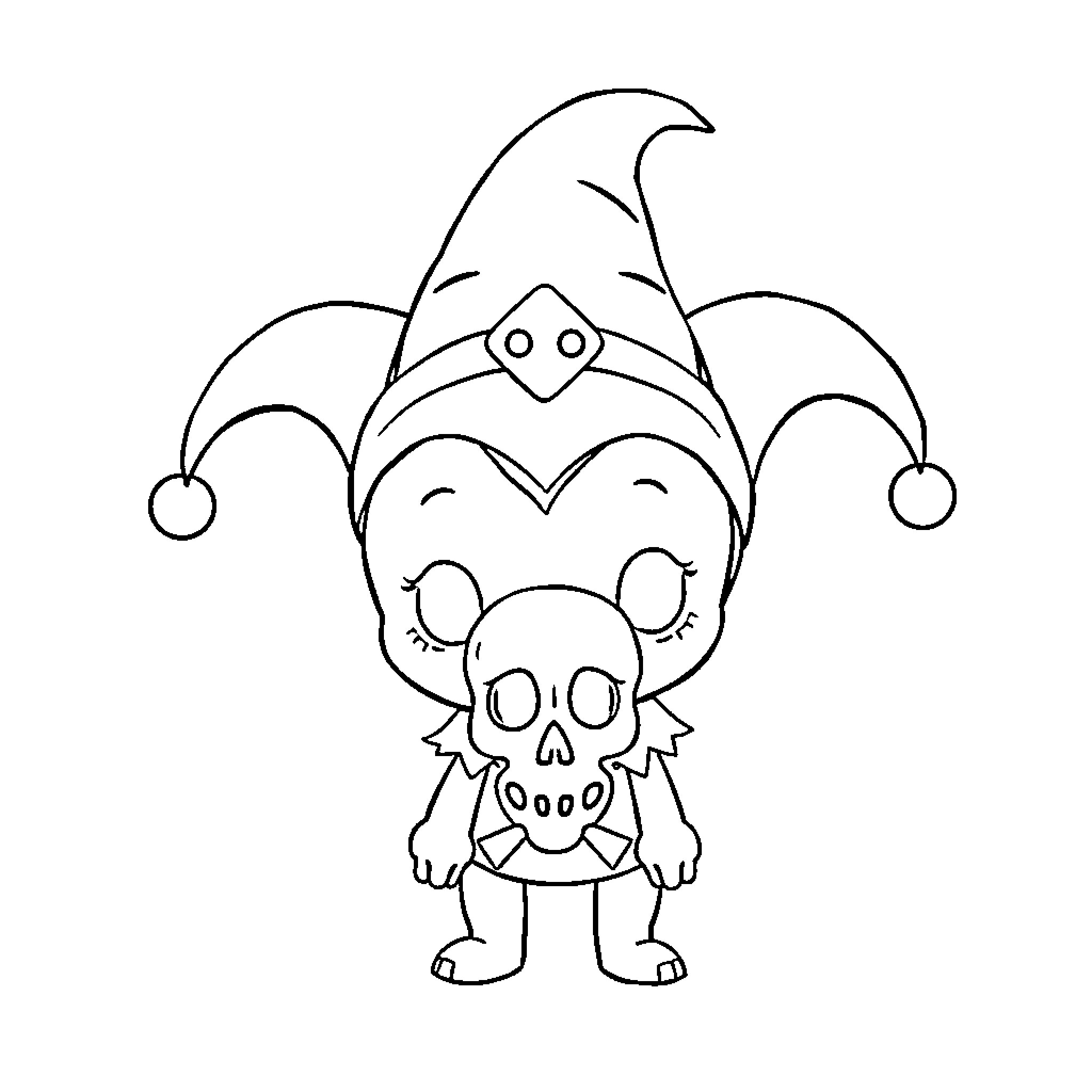 Kuromi in jester-like outfit with skull and crossbones Coloring Page (free black-and-white line drawing printable PDF for all, from beginners to advanced learners, including children, teens, adults, and seniors)