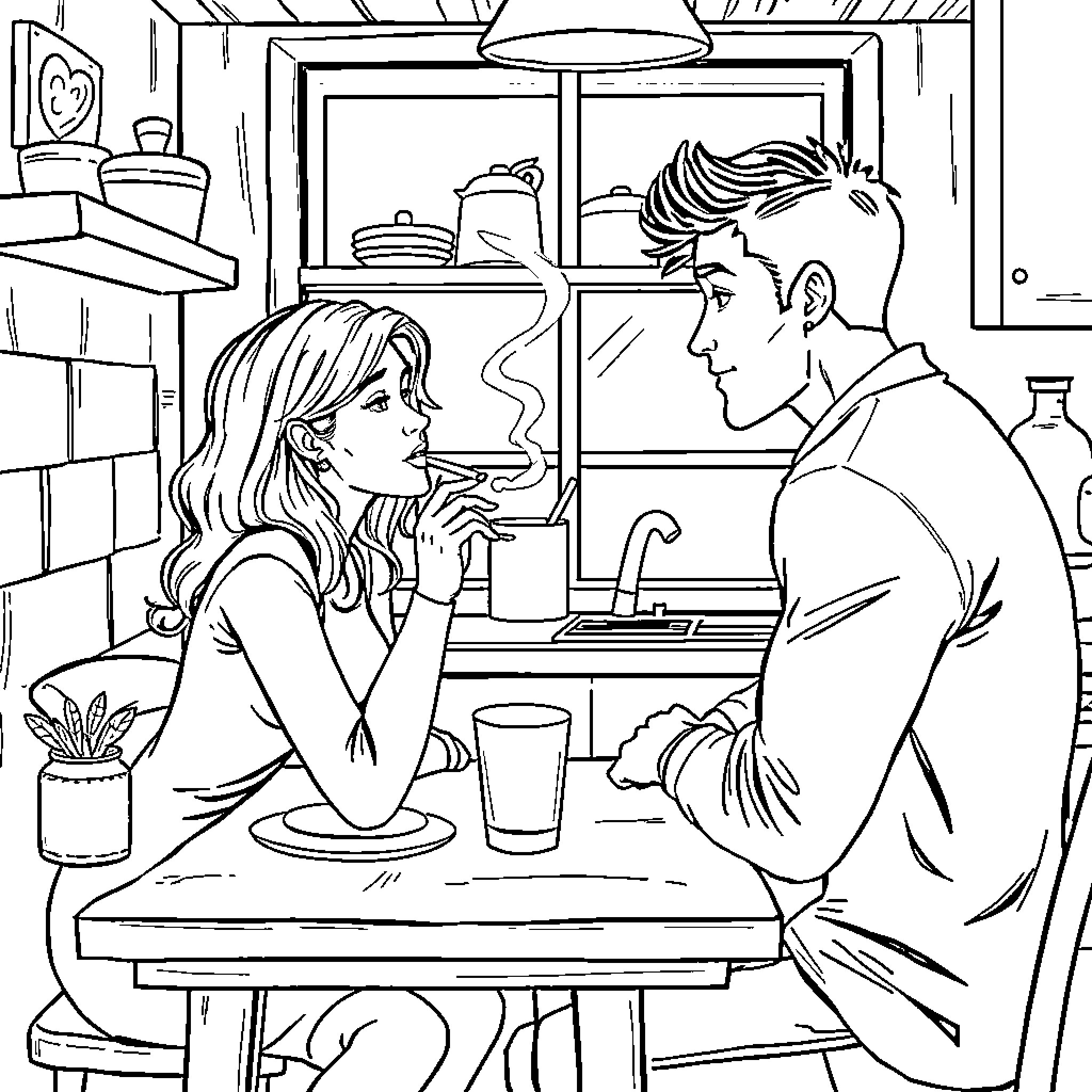 Couple conversing intimately in kitchen Coloring Page (free black-and-white line drawing printable PDF for all, from beginners to advanced learners, including children, teens, adults, and seniors)