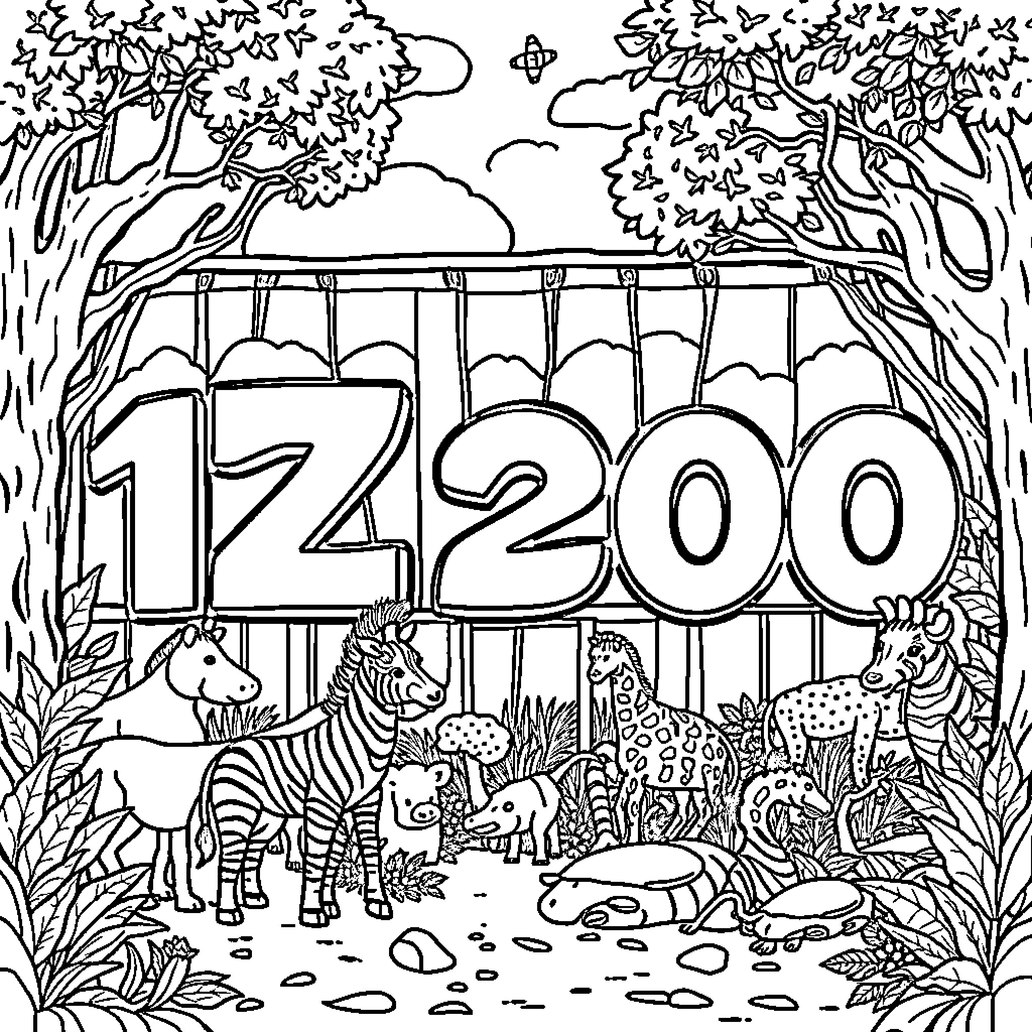 Number Zoo Entrance with Animals Coloring Page (free black-and-white line drawing printable PDF for all, from beginners to advanced learners, including children, teens, adults, and seniors)