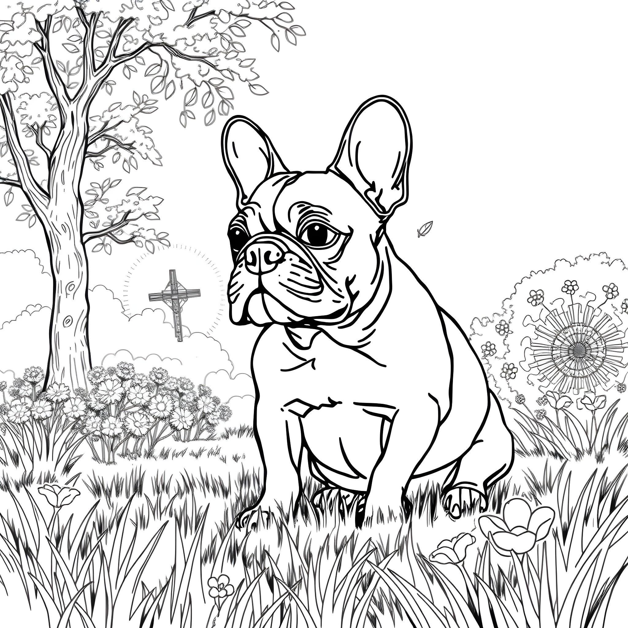 French Bulldog playing joyfully in the garden Coloring Page (free black-and-white line drawing printable PDF for all, from beginners to advanced learners, including children, teens, adults, and seniors)