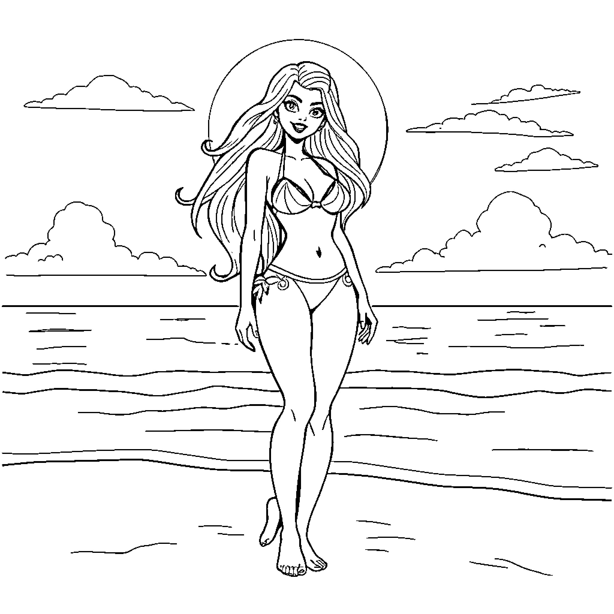 Starfire posing confidently on the beach Coloring Page (free black-and-white line drawing printable PDF for all, from beginners to advanced learners, including children, teens, adults, and seniors)
