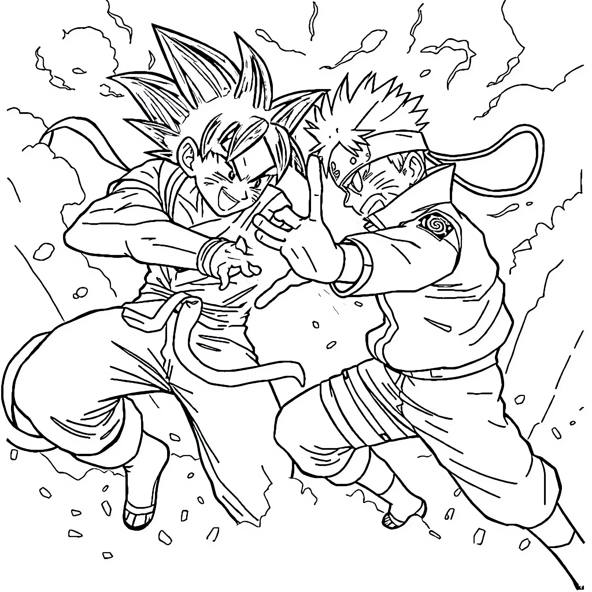 Dragon Ball Fighters Clash in Epic Battle Coloring Page (free black-and-white line drawing printable PDF for all, from beginners to advanced learners, including children, teens, adults, and seniors)