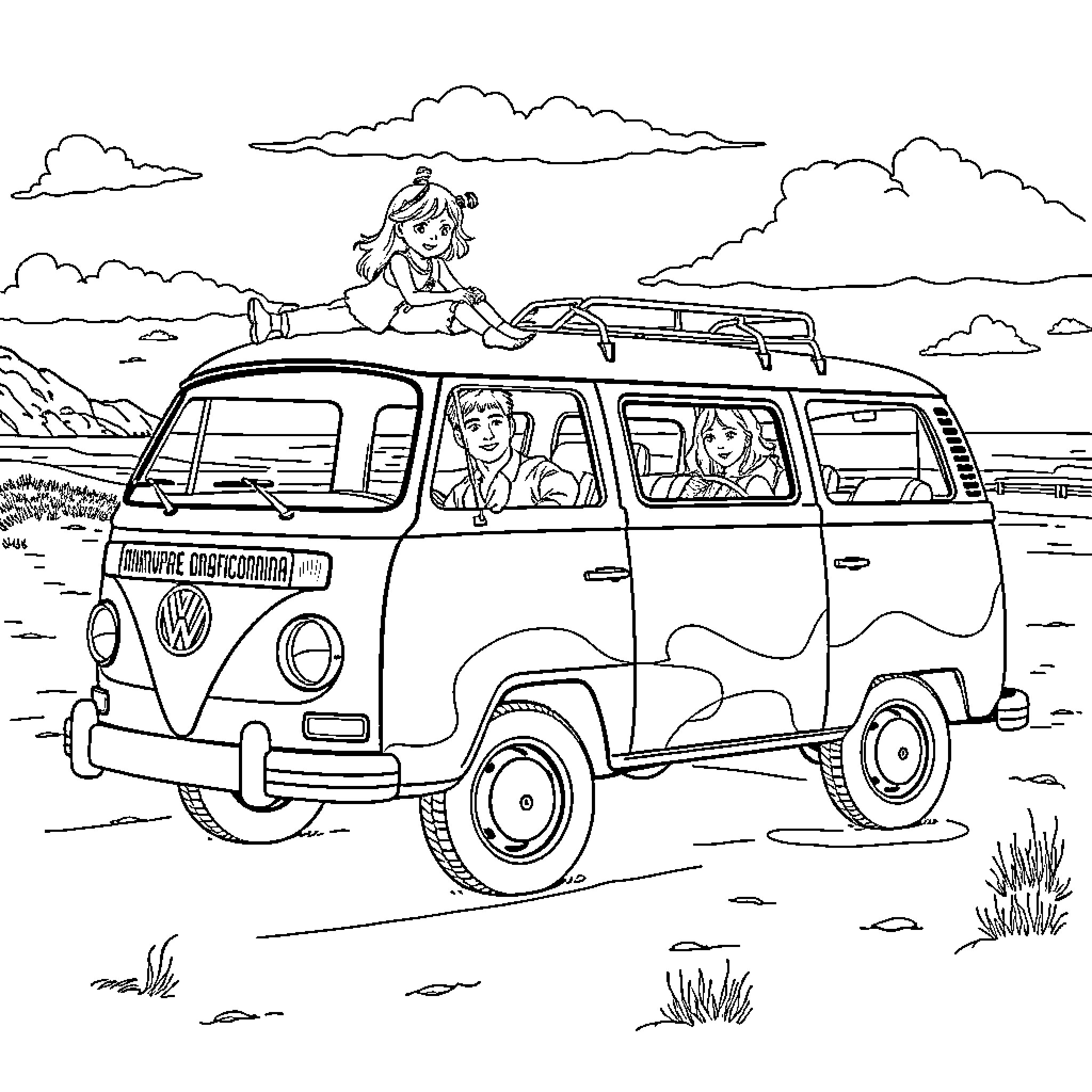VW Campervan on a road trip with a family Coloring Page (free black-and-white line drawing printable PDF for all, from beginners to advanced learners, including children, teens, adults, and seniors)