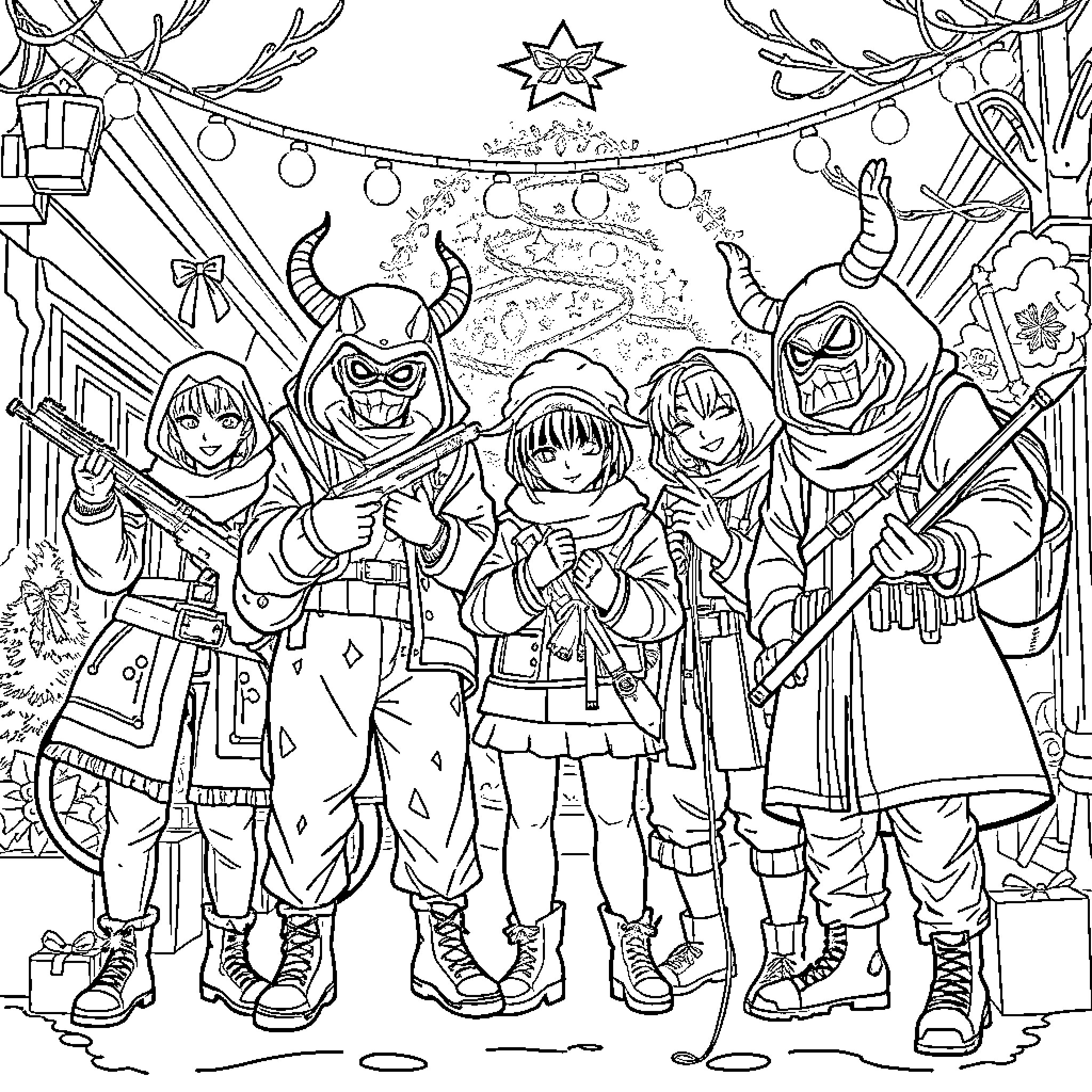 Demon Hunter Adventurers in Festive Winter Scene Coloring Page (free black-and-white line drawing printable PDF for all, from beginners to advanced learners, including children, teens, adults, and seniors)