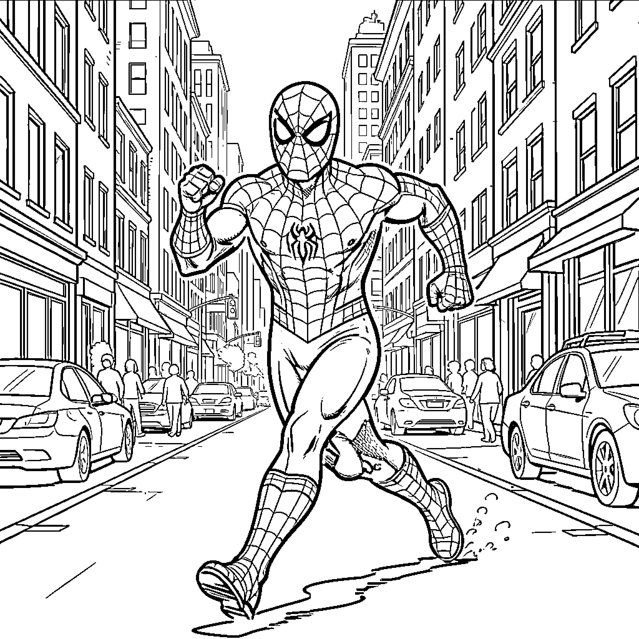 Chase through a busy city street in hero costume Coloring Page (free black-and-white line drawing printable PDF for all, from beginners to advanced learners, including children, teens, adults, and seniors)