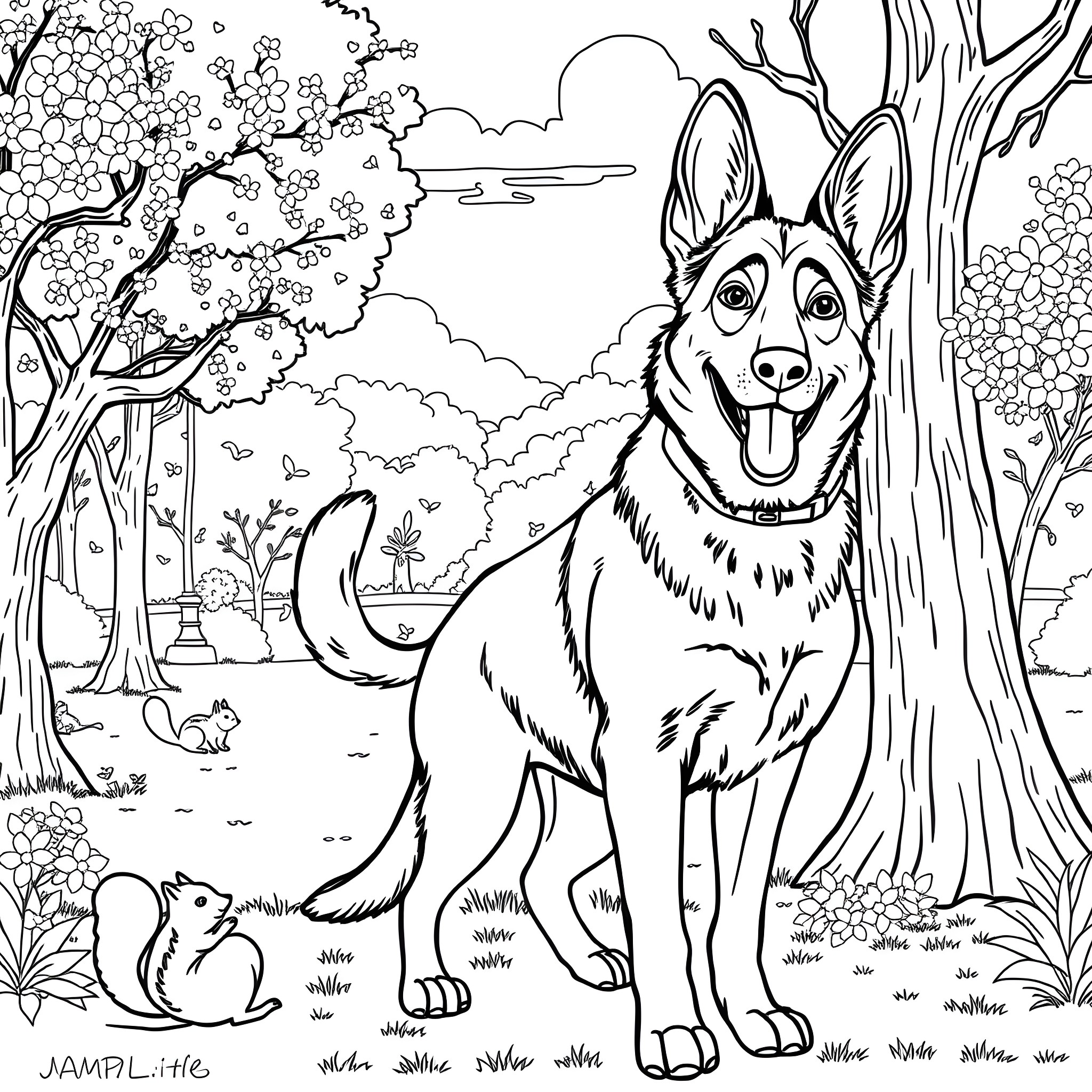 German Shepherd enjoying the outdoors in nature Coloring Page (free black-and-white line drawing printable PDF for all, from beginners to advanced learners, including children, teens, adults, and seniors)