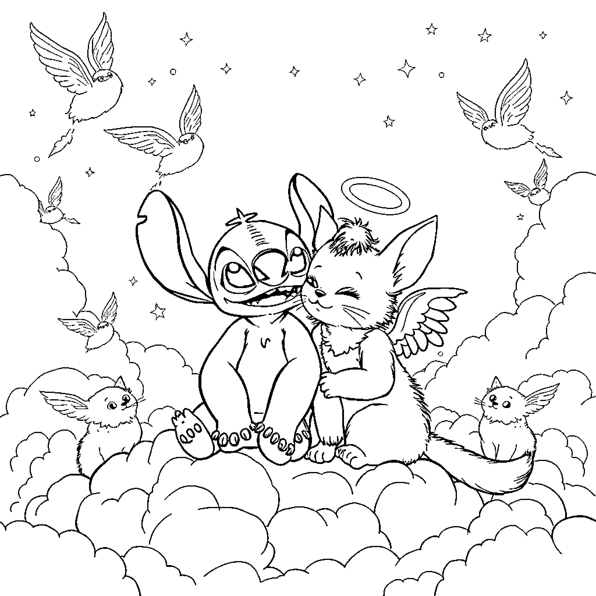 Stitch and Angel in Heavenly Clouds with Winged Friends Coloring Page (free black-and-white line drawing printable PDF for all, from beginners to advanced learners, including children, teens, adults, and seniors)
