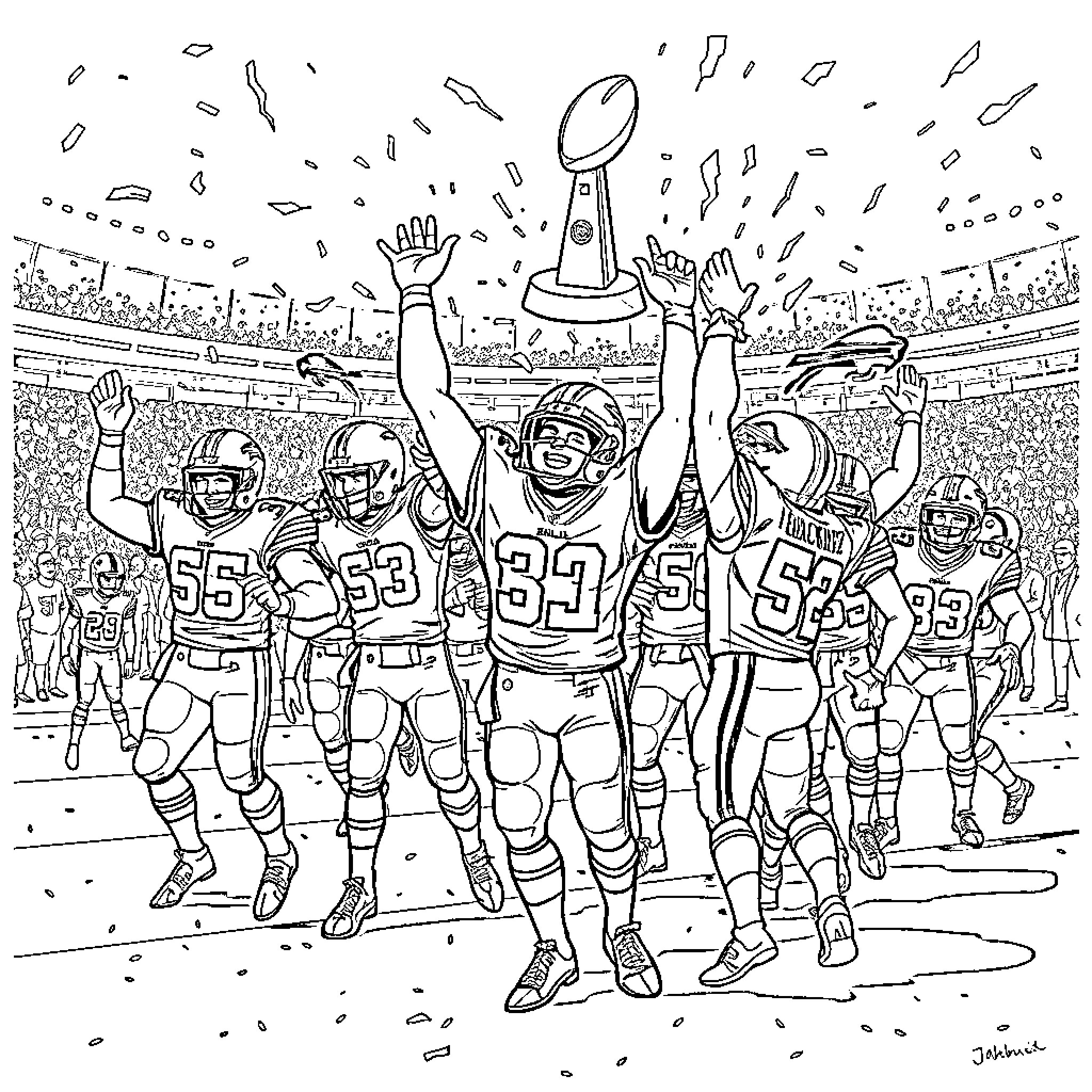 Buffalo Bills Celebrating Victory on the Field Coloring Page (free black-and-white line drawing printable PDF for all, from beginners to advanced learners, including children, teens, adults, and seniors)
