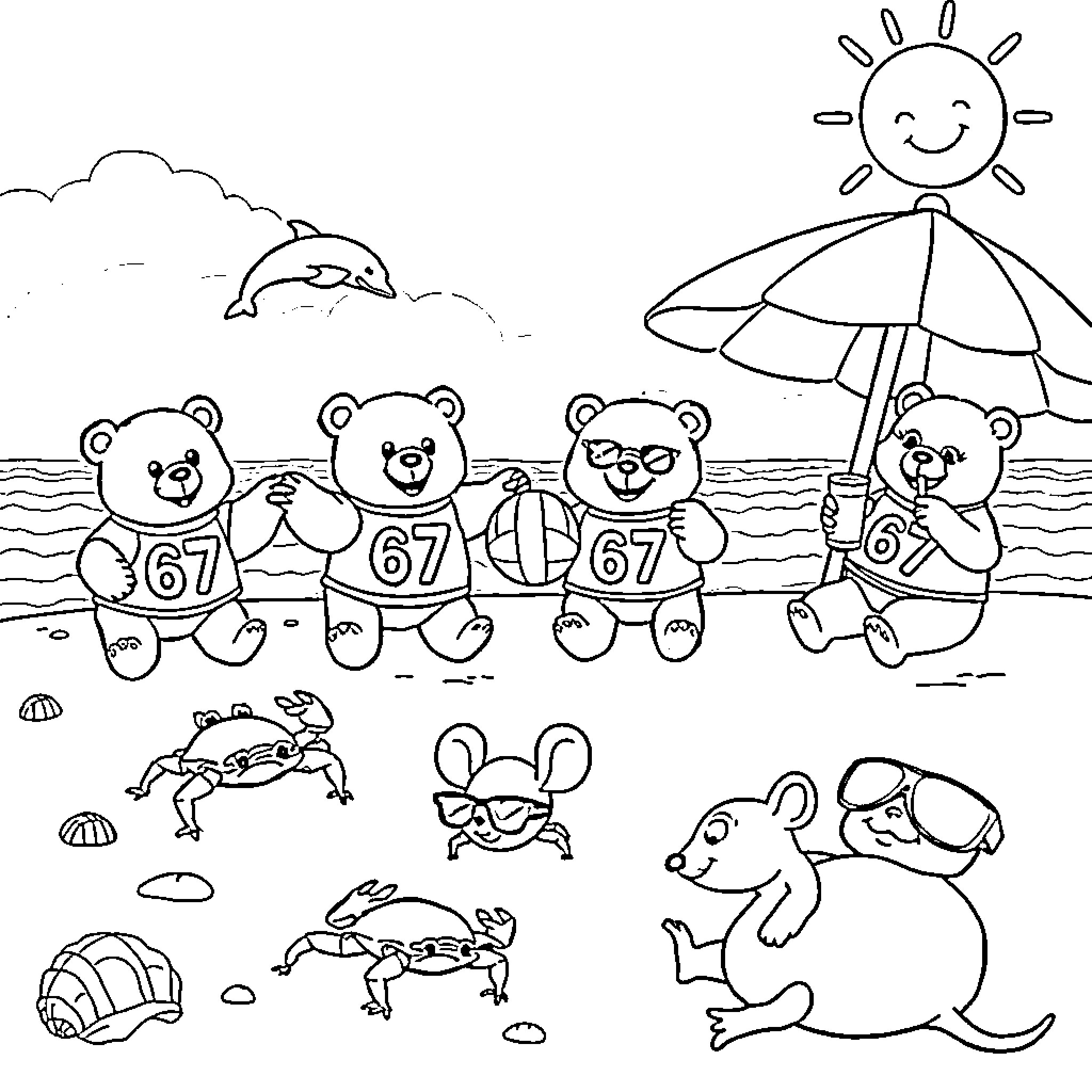 Bear family enjoying a sunny day at the beach Coloring Page (free black-and-white line drawing printable PDF for all, from beginners to advanced learners, including children, teens, adults, and seniors)