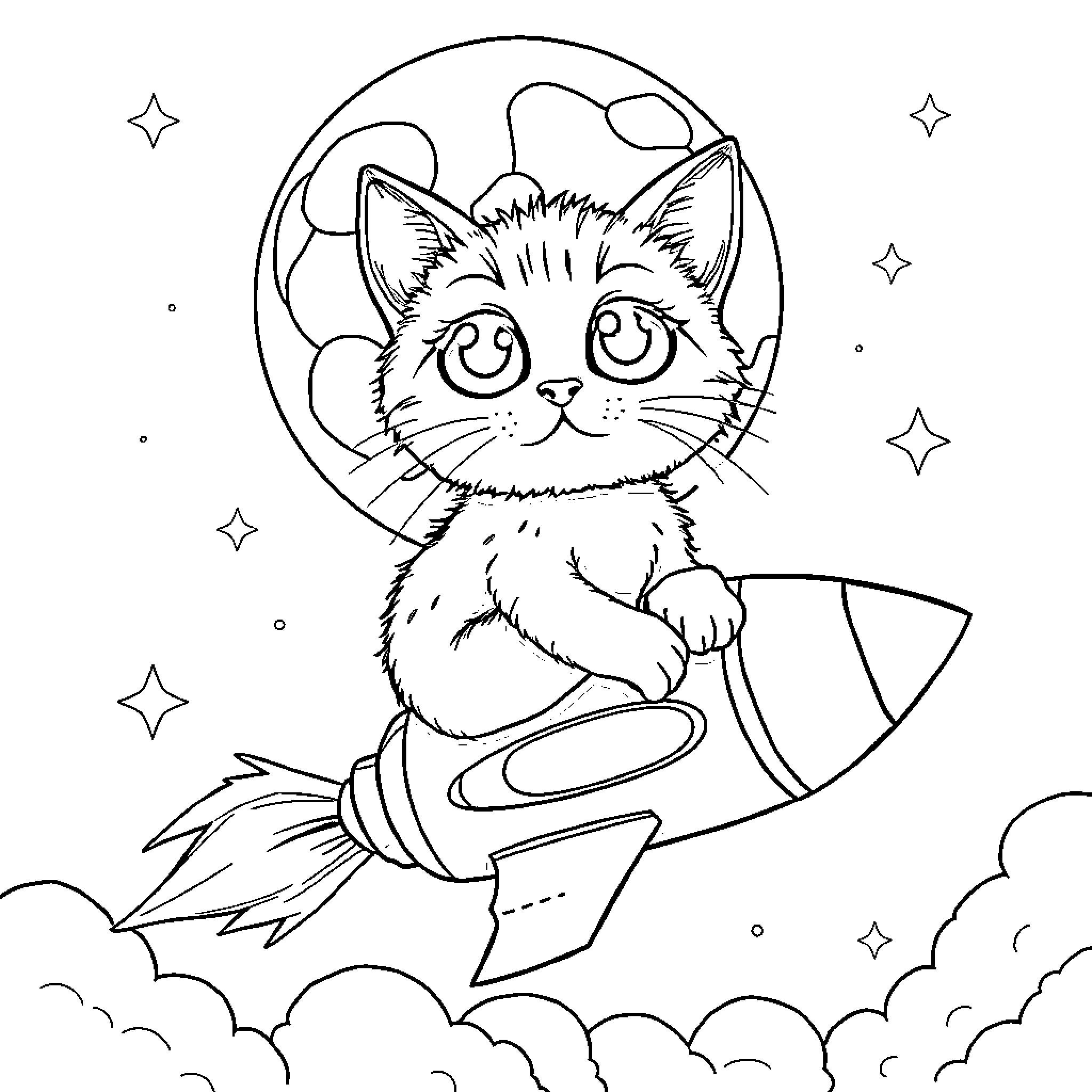 Cat riding a rocket in space Coloring Page (free black-and-white line drawing printable PDF for all, from beginners to advanced learners, including children, teens, adults, and seniors)