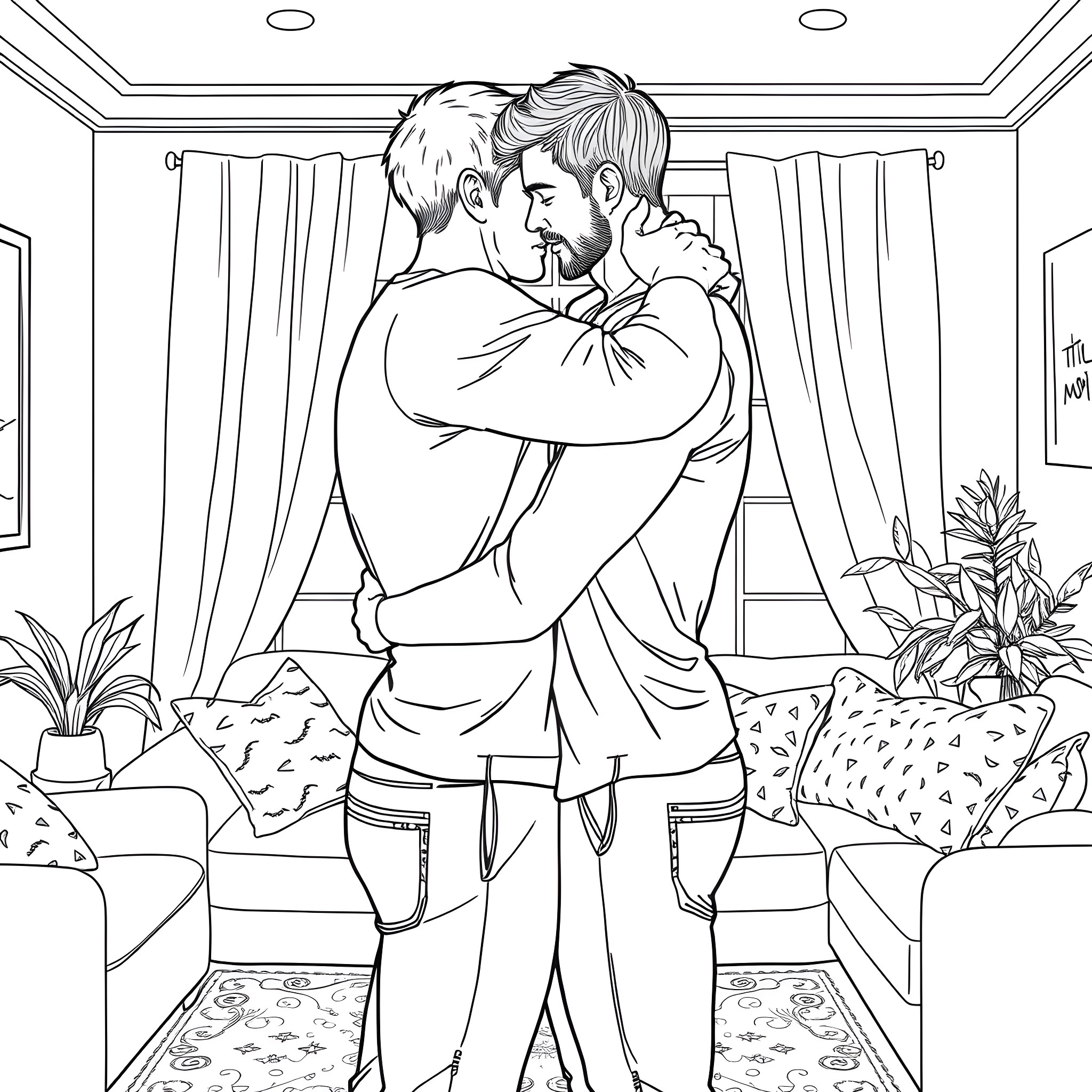 Man embracing lovingly in a cozy room Coloring Page (free black-and-white line drawing printable PDF for all, from beginners to advanced learners, including children, teens, adults, and seniors)