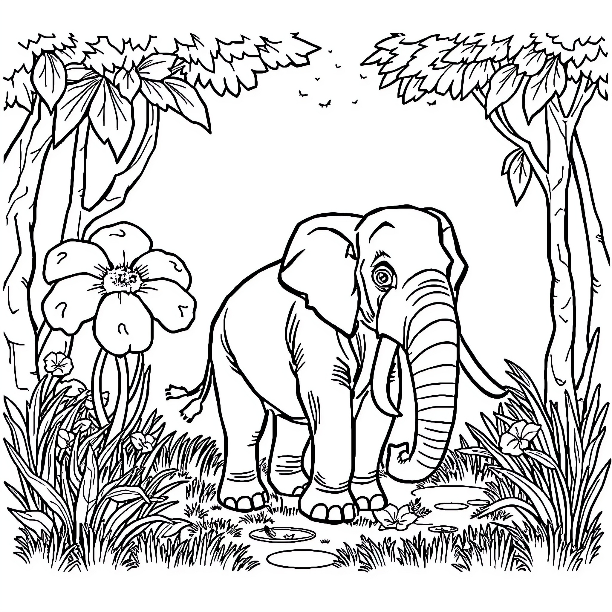 Elephant walking in lush jungle environment Coloring Page (free black-and-white line drawing printable PDF for all, from beginners to advanced learners, including children, teens, adults, and seniors)